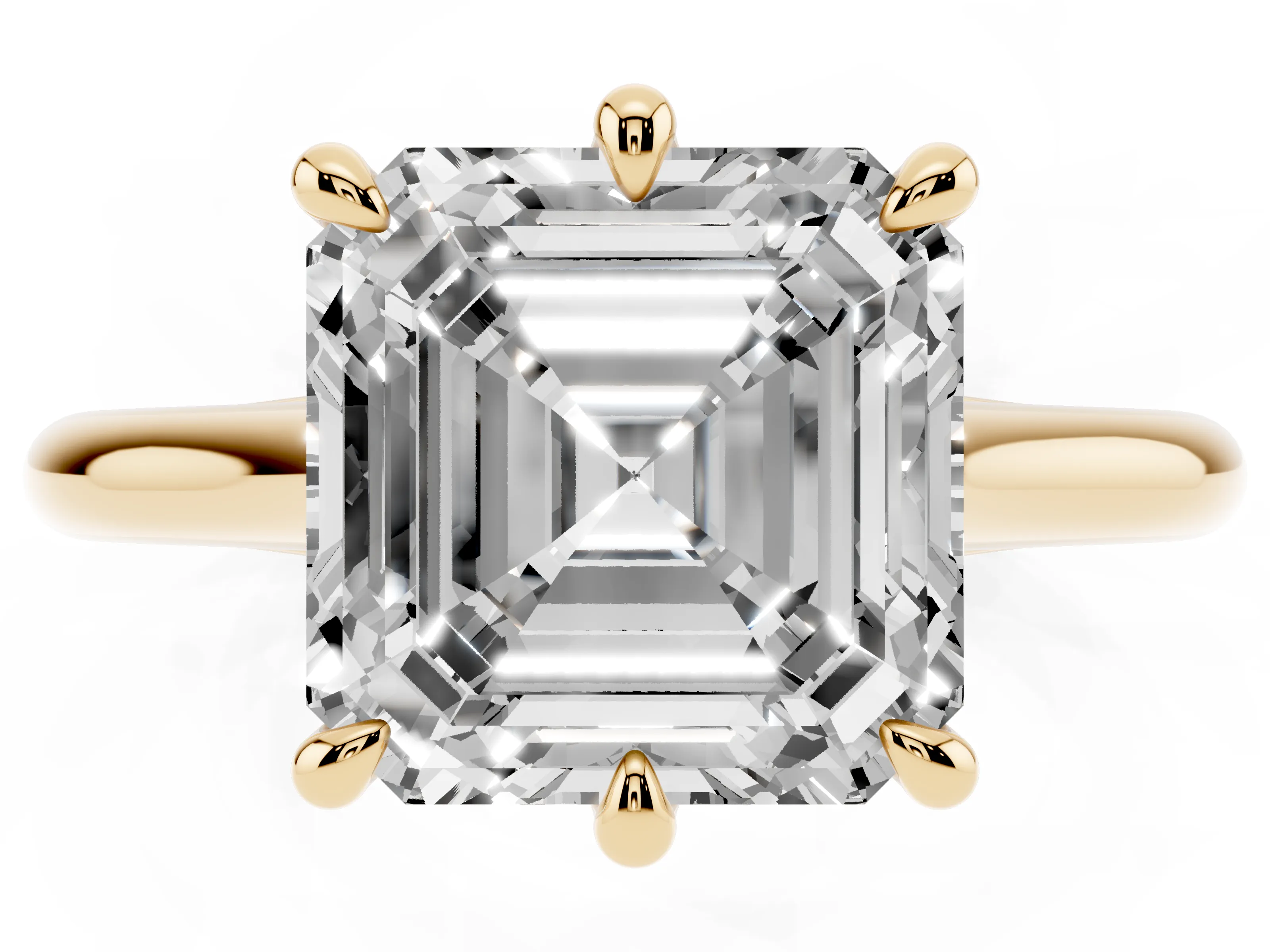 Asscher Cut Diamond Solitaire Engagement Ring Set in Yellow gold with Prong Setting and Plain Classic Band