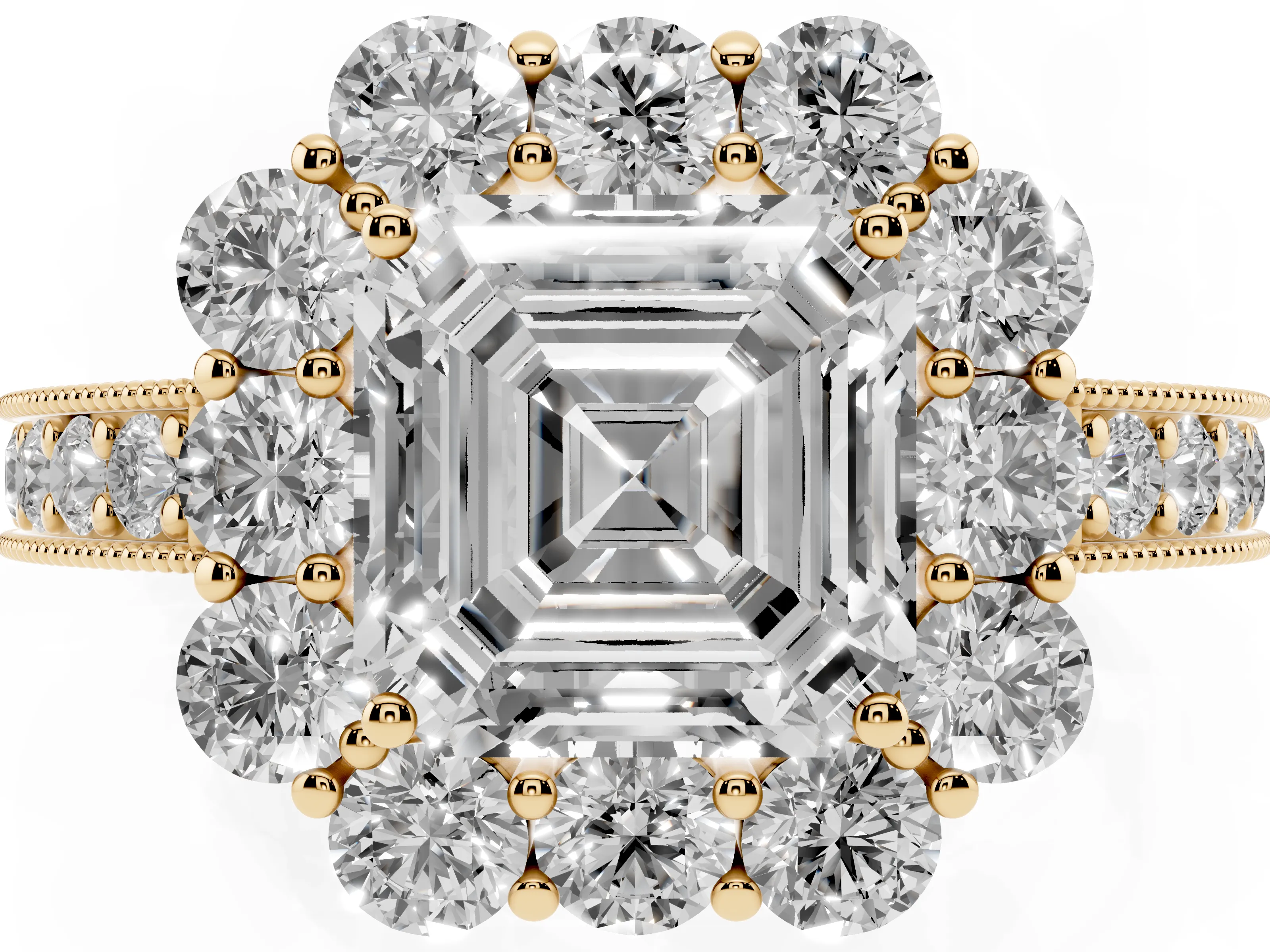 Asscher Cut Diamond Halo Pavé Engagement Ring Set in Yellow gold with Milgrain Detailing