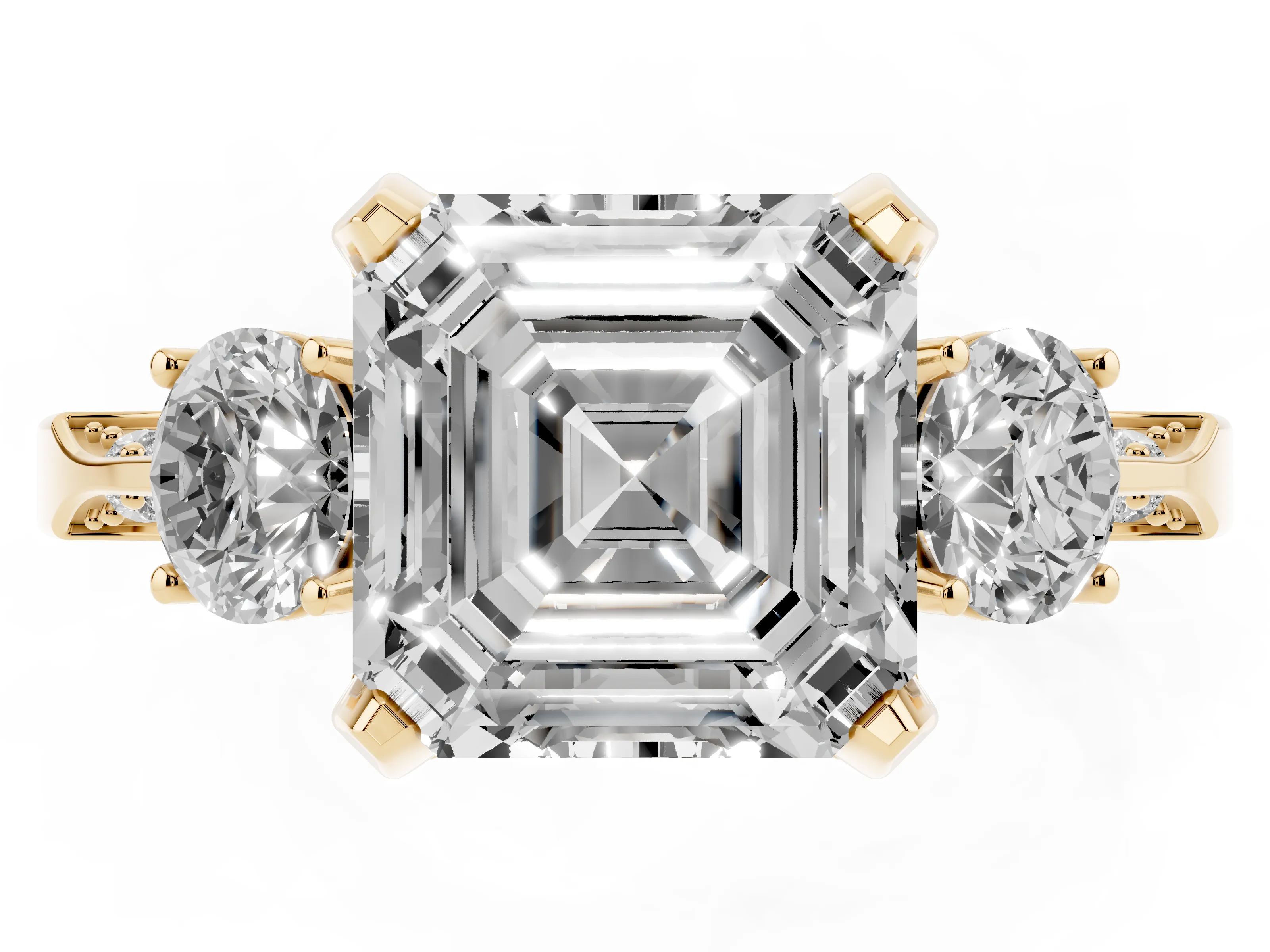 Asscher Cut Diamond Three-Stone Ring Set in Yellow gold with Pavé Band and Smaller Side Stones