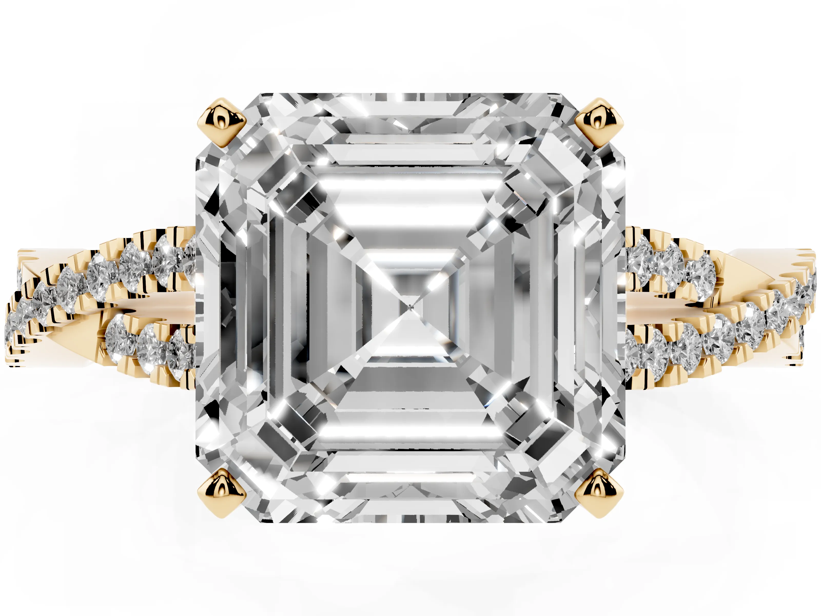 Asscher Cut Diamond Solitaire Engagement Ring Set in Yellow gold with Twisted Pavé Band and Prong Setting