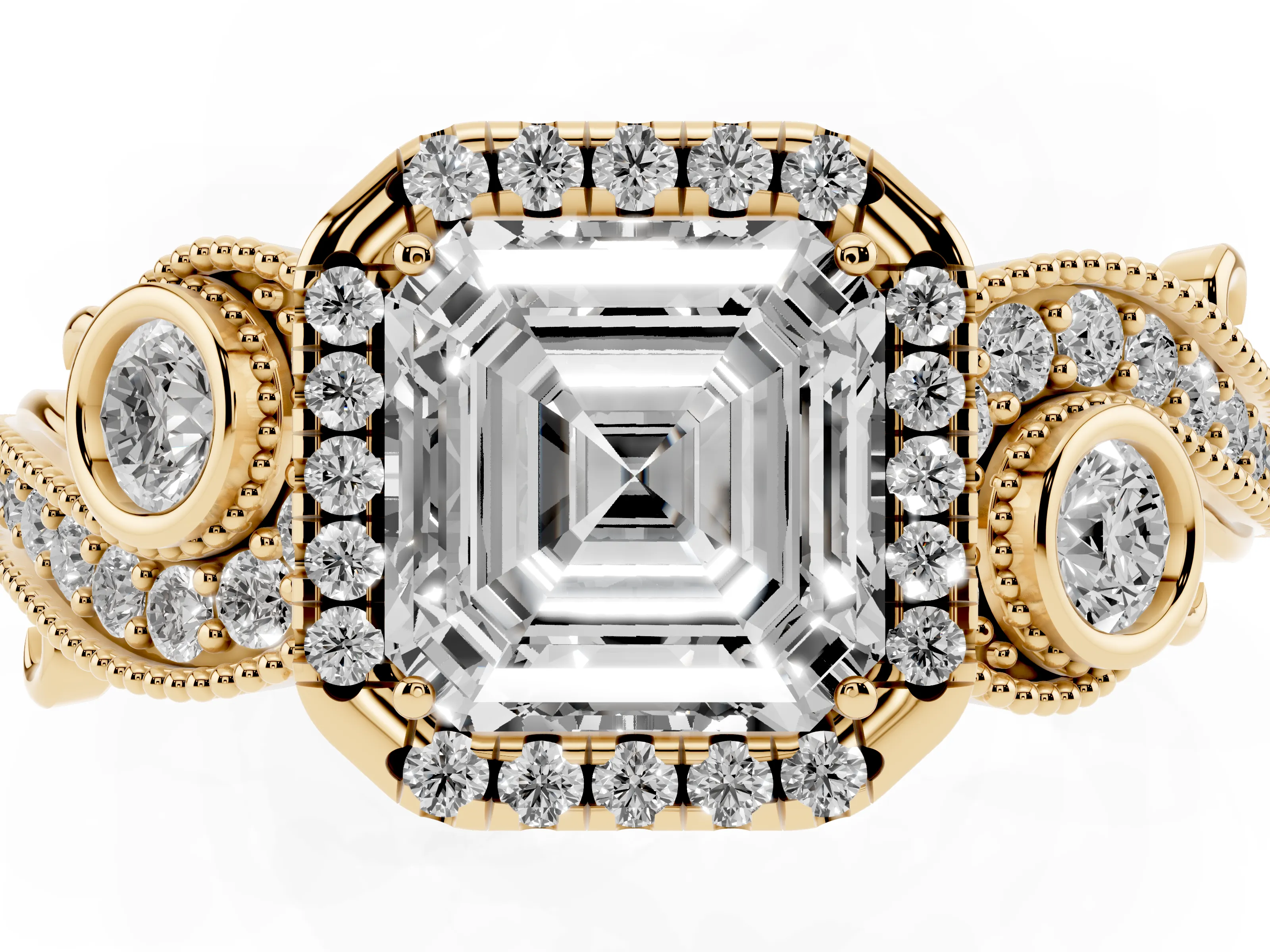 Asscher Cut Vintage Milgrain Halo Engagement Ring Setting | Bezel Shoulder Accents | Yellow Gold