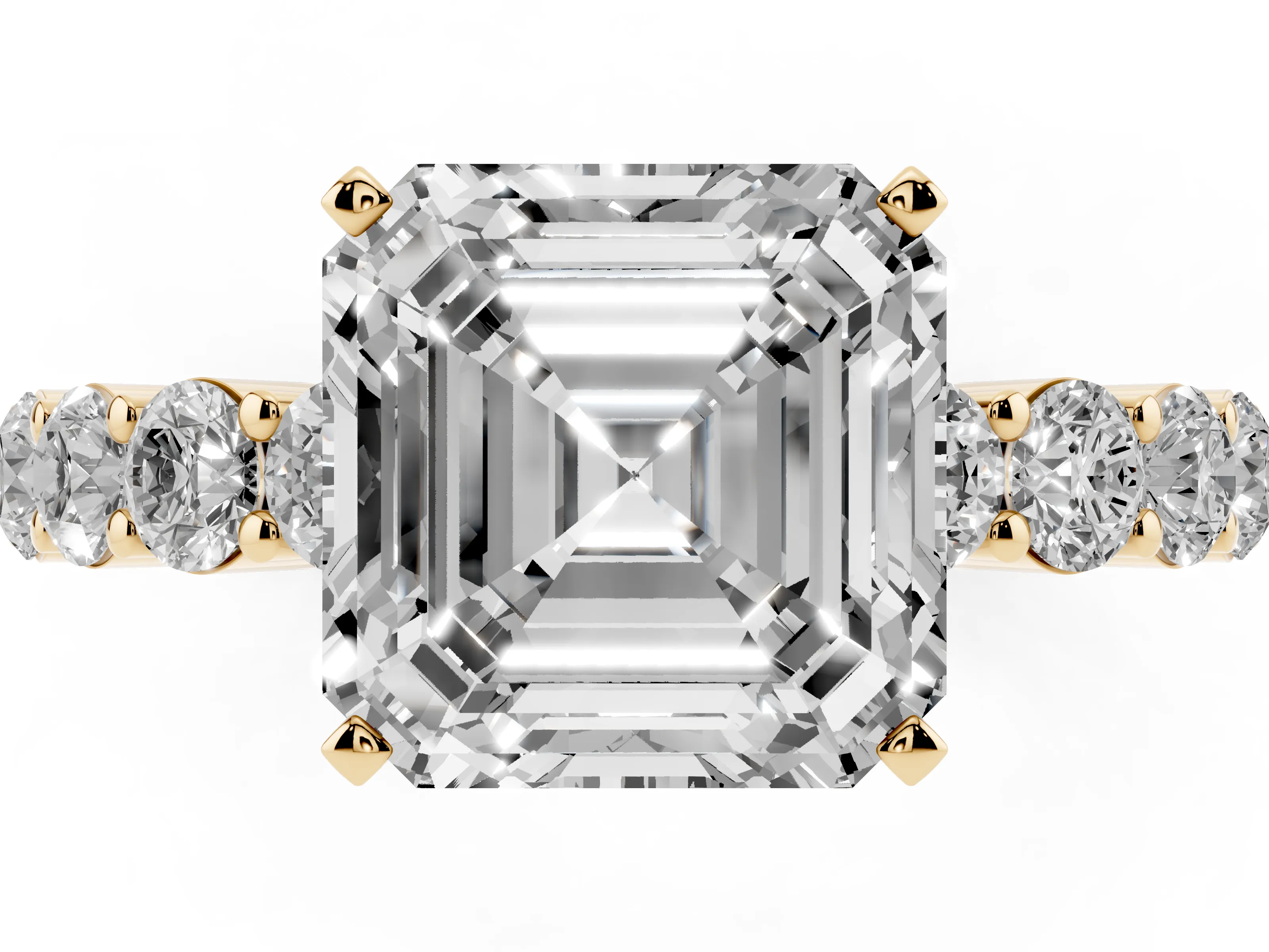 Asscher Cut Diamond Solitaire Ring Set in Yellow gold with Shared Prong Round Side Stones