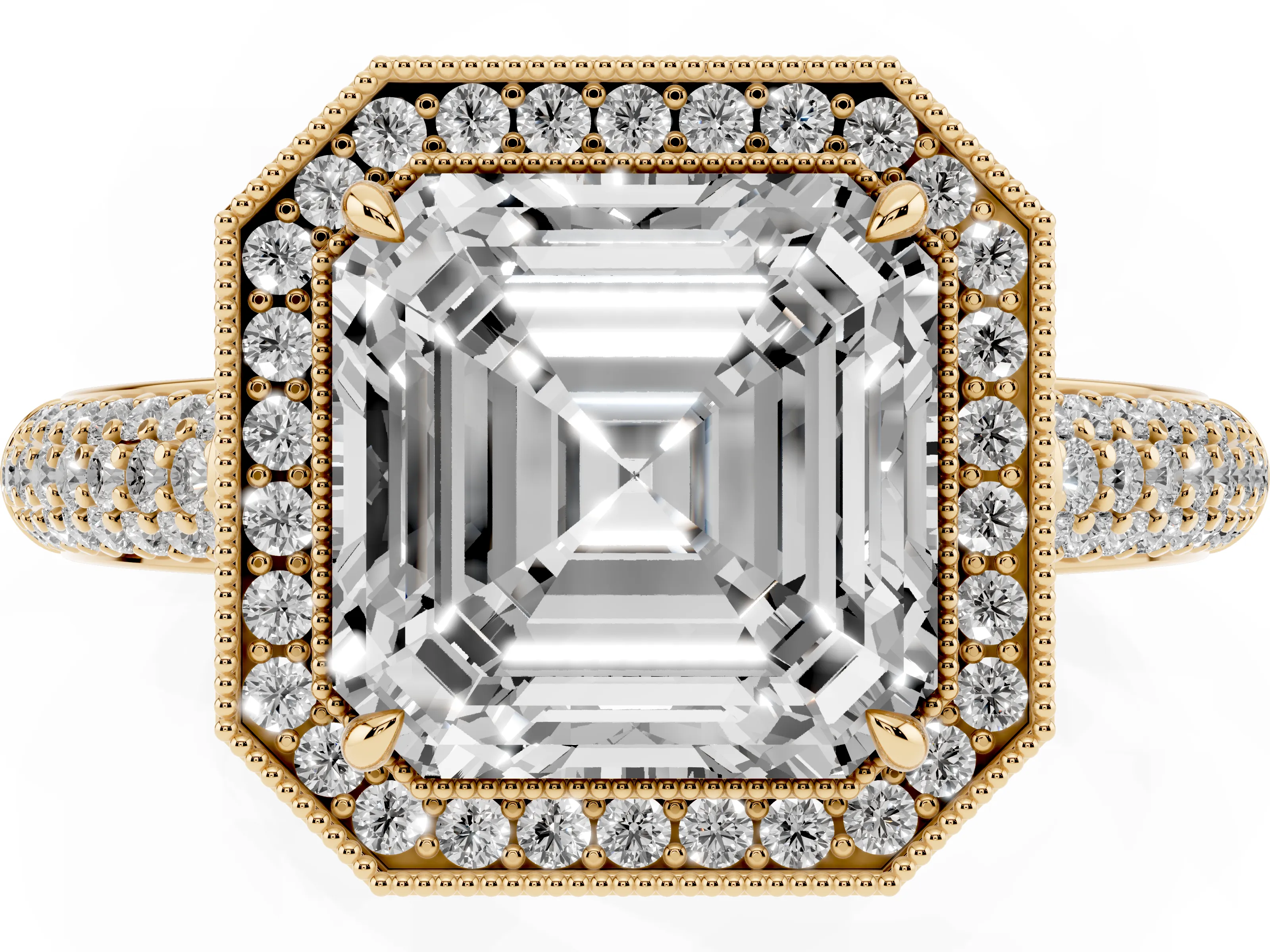 Asscher Cut Diamond Halo Pavé Band Set in Yellow gold with Prong Setting