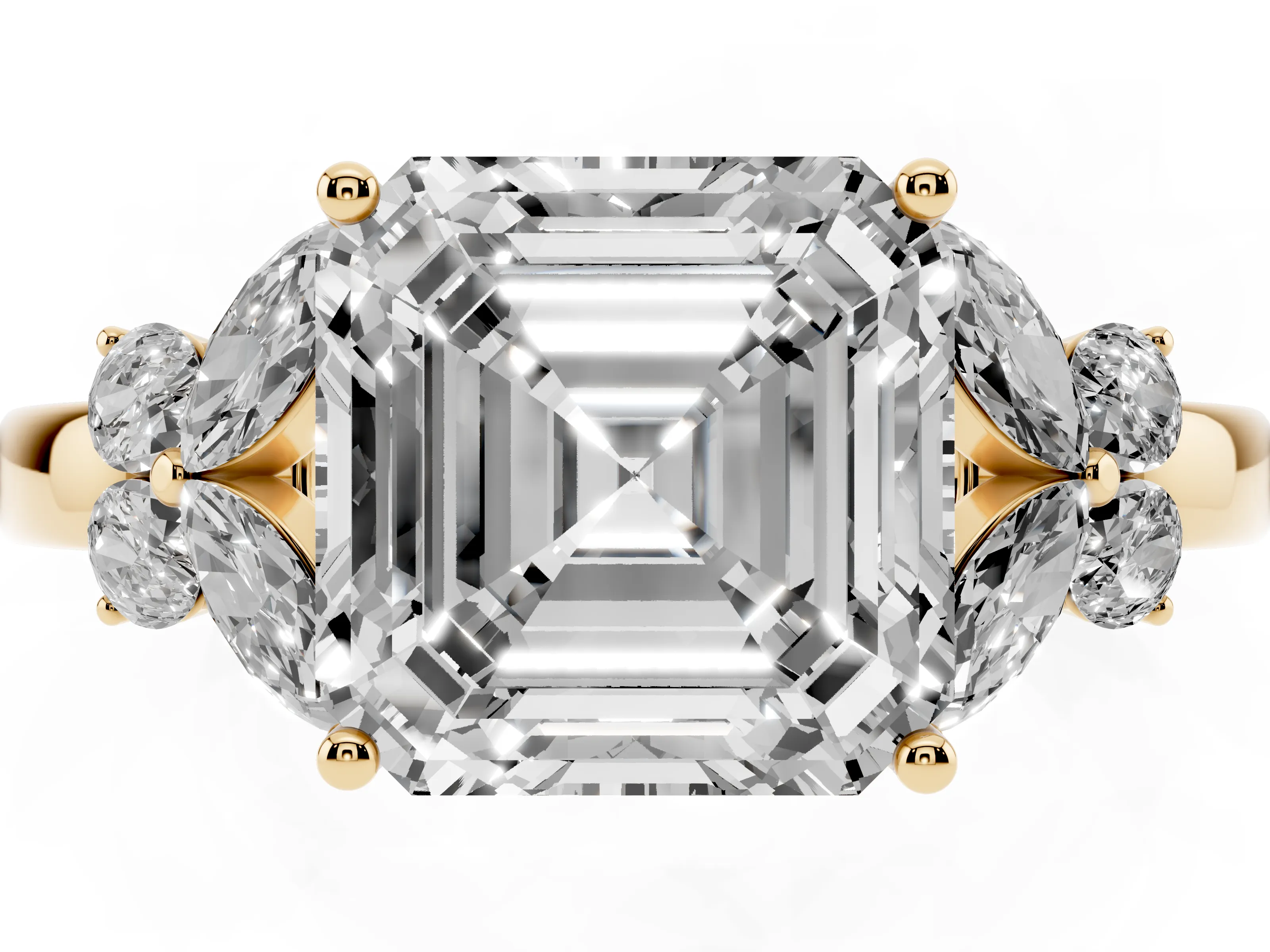 Asscher Cut Diamond Solitaire Floral Ring Set in Yellow gold with Marquise Petals and Prong Setting