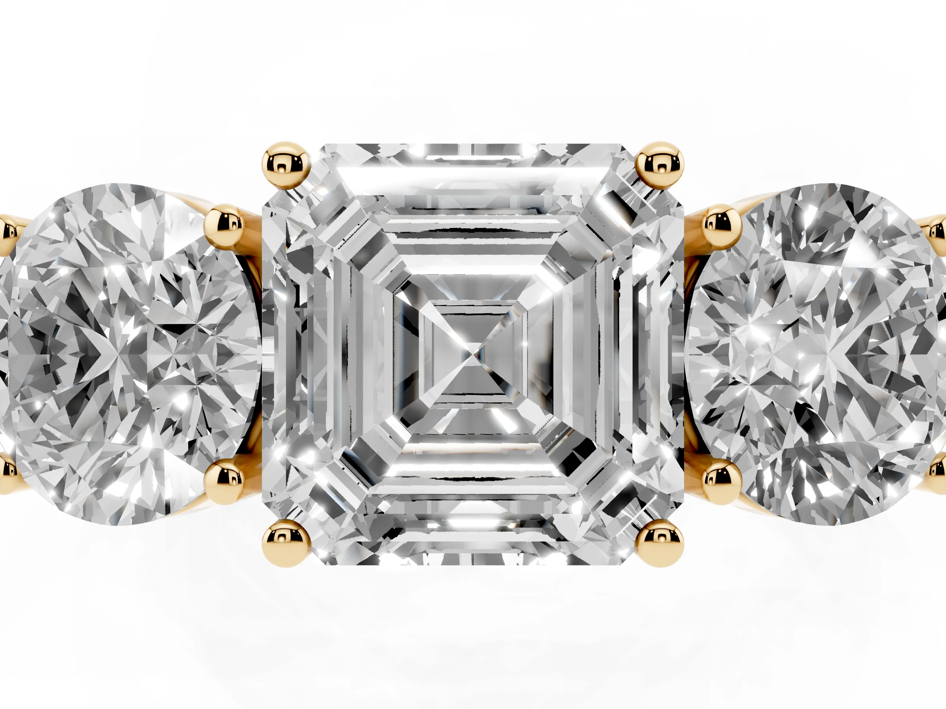 Asscher Cut Diamond Three-Stone Ring Set in Yellow gold with Channel-Set Accent Band