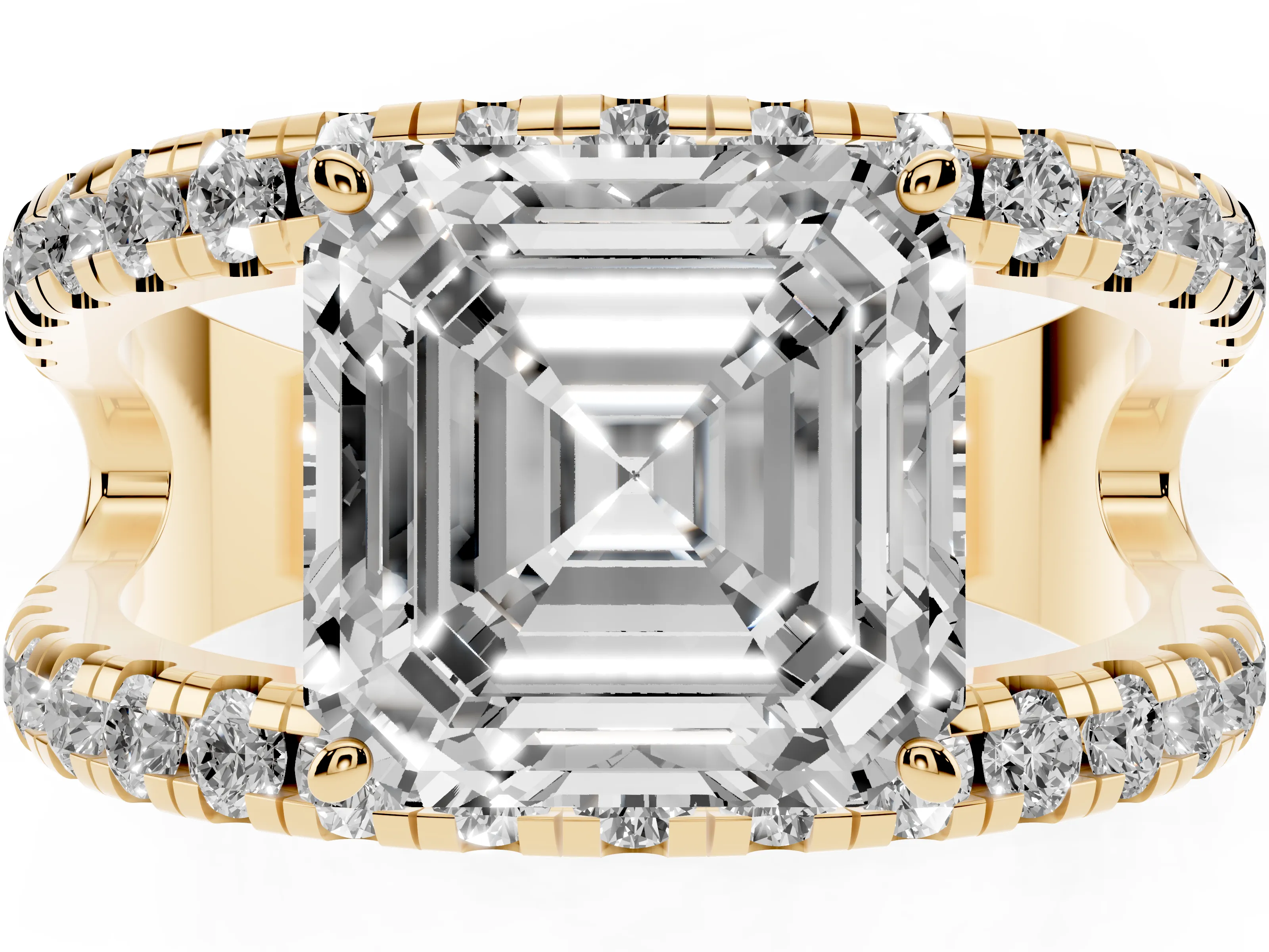 Asscher Cut Diamond Split Shank Pavé Solitaire Ring Set in Yellow gold with Open Shank Design