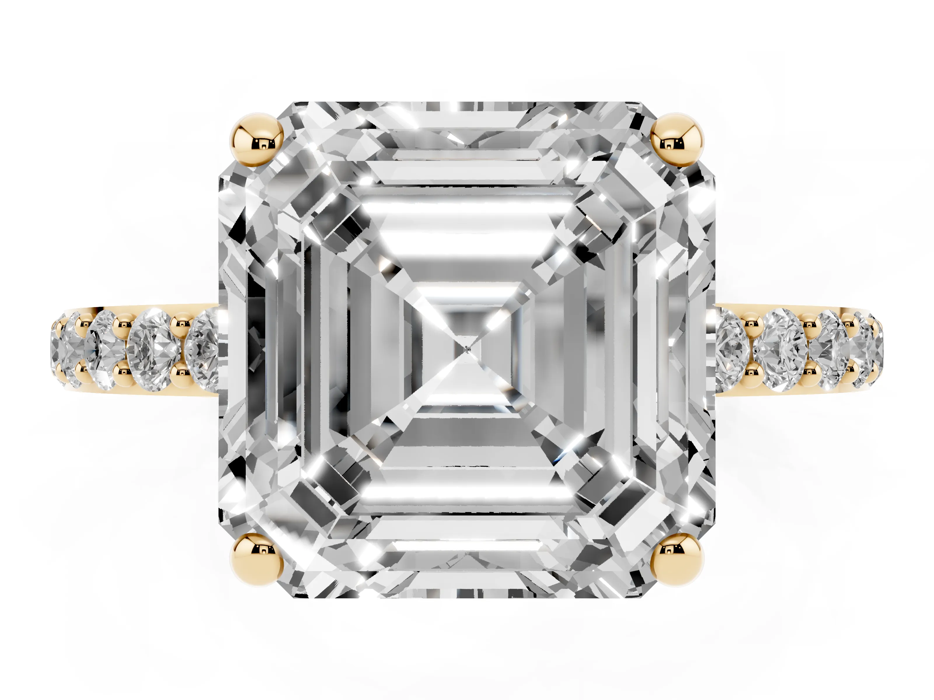 Asscher Cut Diamond Solitaire Ring Set in Yellow gold with Round Pavé Band and Prong Setting