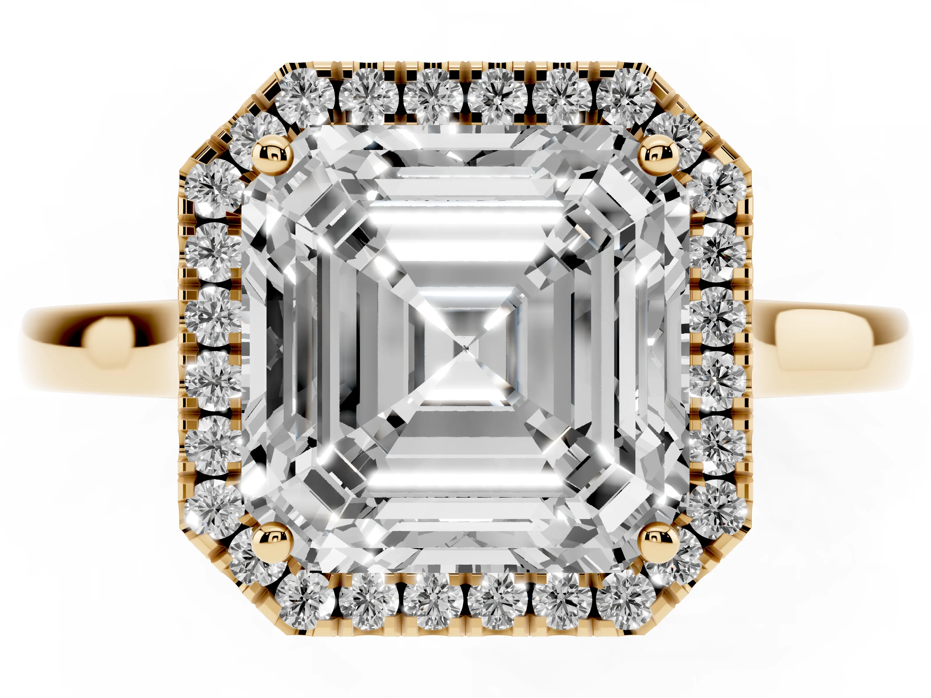 Asscher Cut Halo Round Diamond Solitaire Ring Set in Yellow gold with Pavé Band and Prong Setting