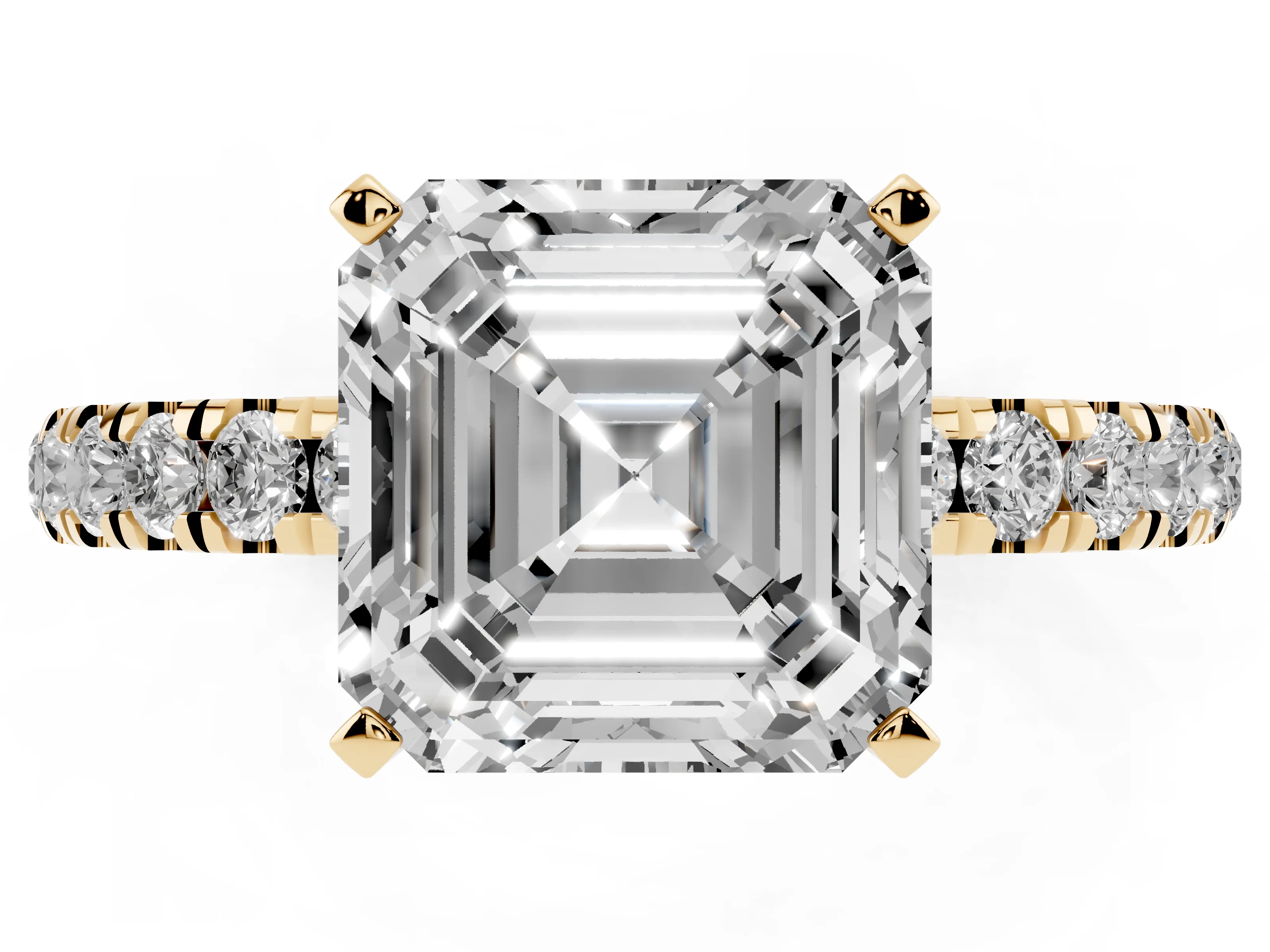 Asscher Cut Diamond Solitaire Ring Set in Yellow gold with Pavé Accents and Prong Setting