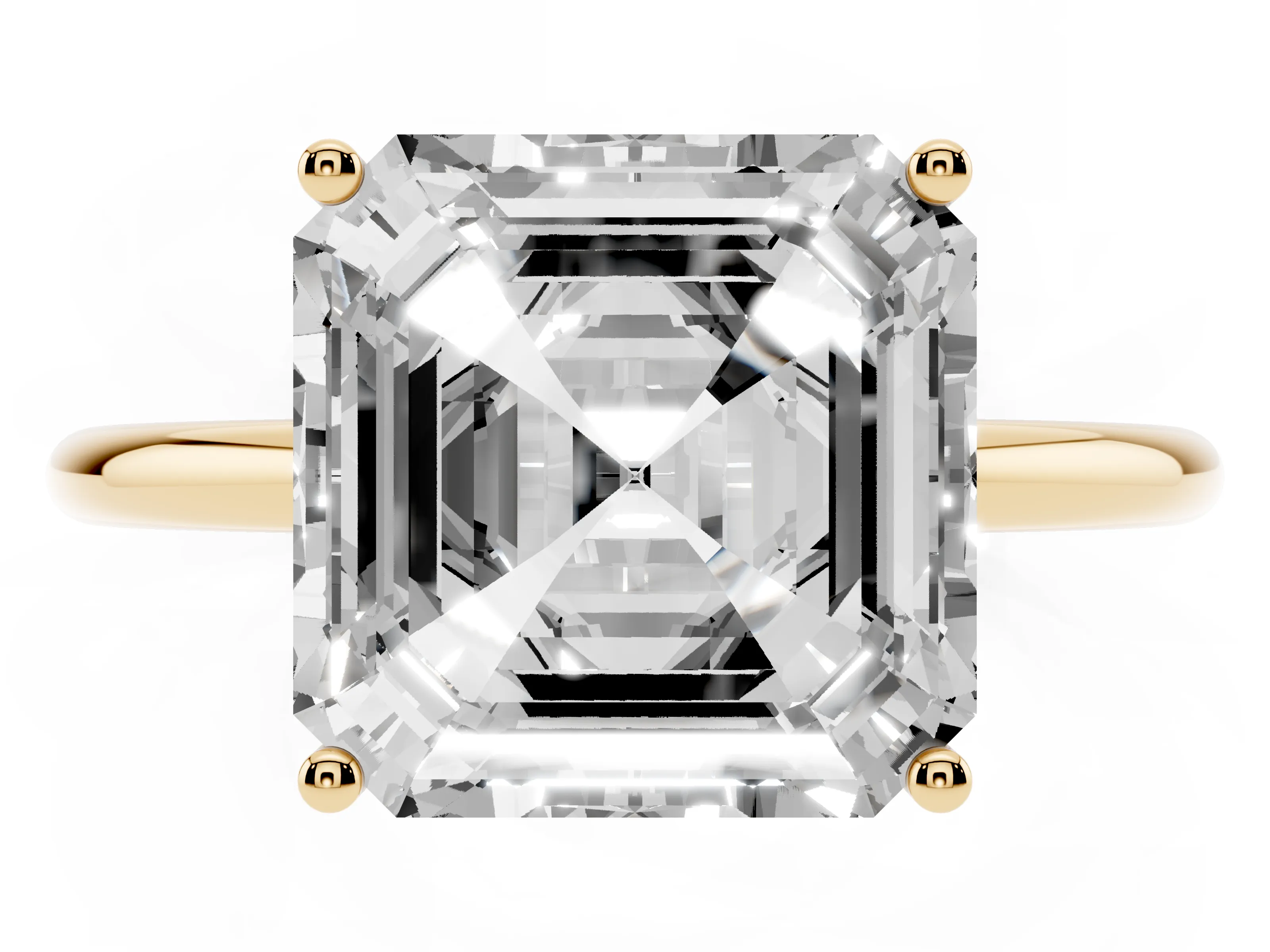 Asscher Cut Diamond Solitaire Engagement Ring Set in Yellow gold with Thin Band and Prong Setting