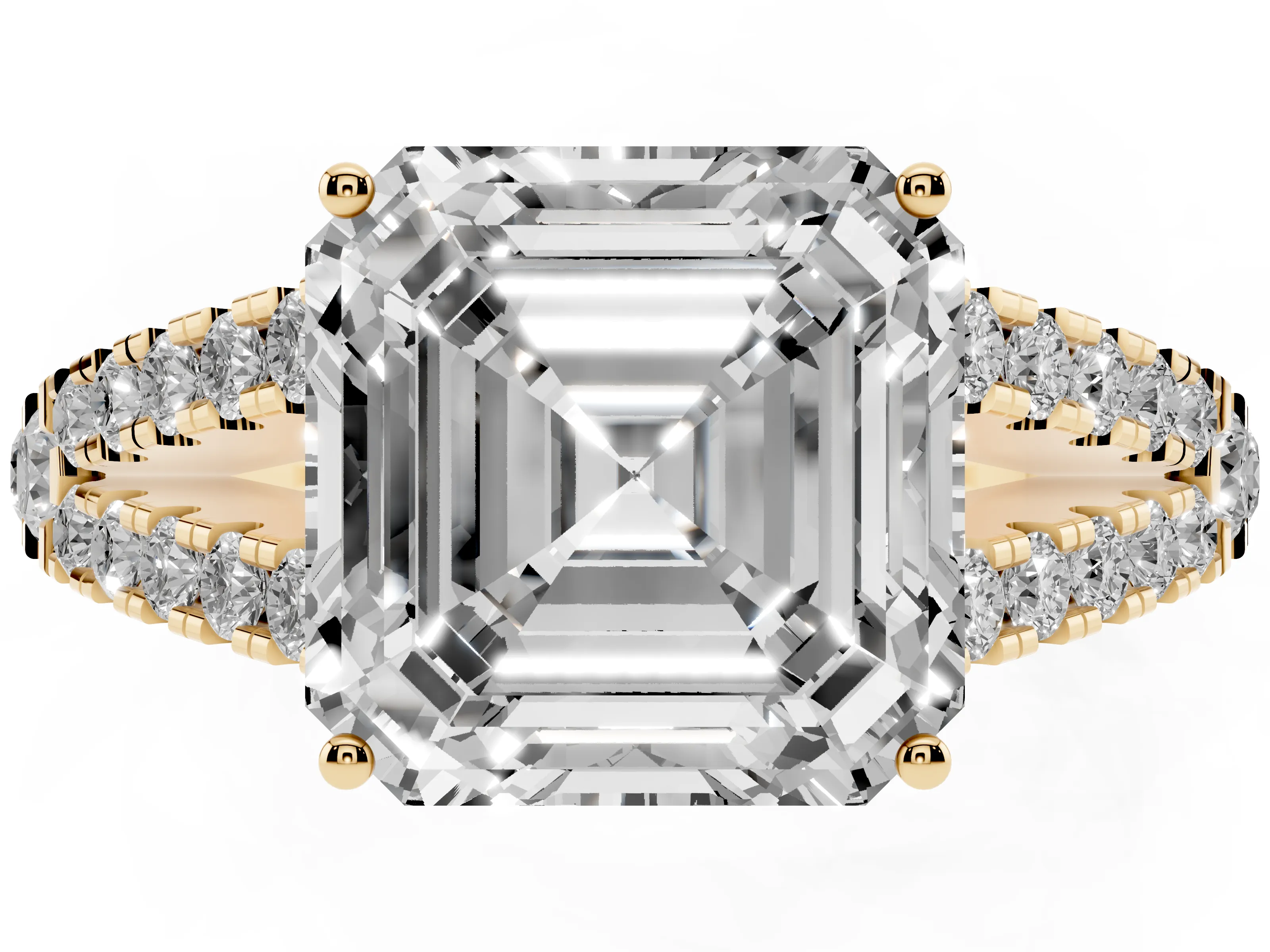 Asscher Cut Diamond Split Shank Pavé Engagement Ring Set in Yellow gold with Prong-Held Center Stone