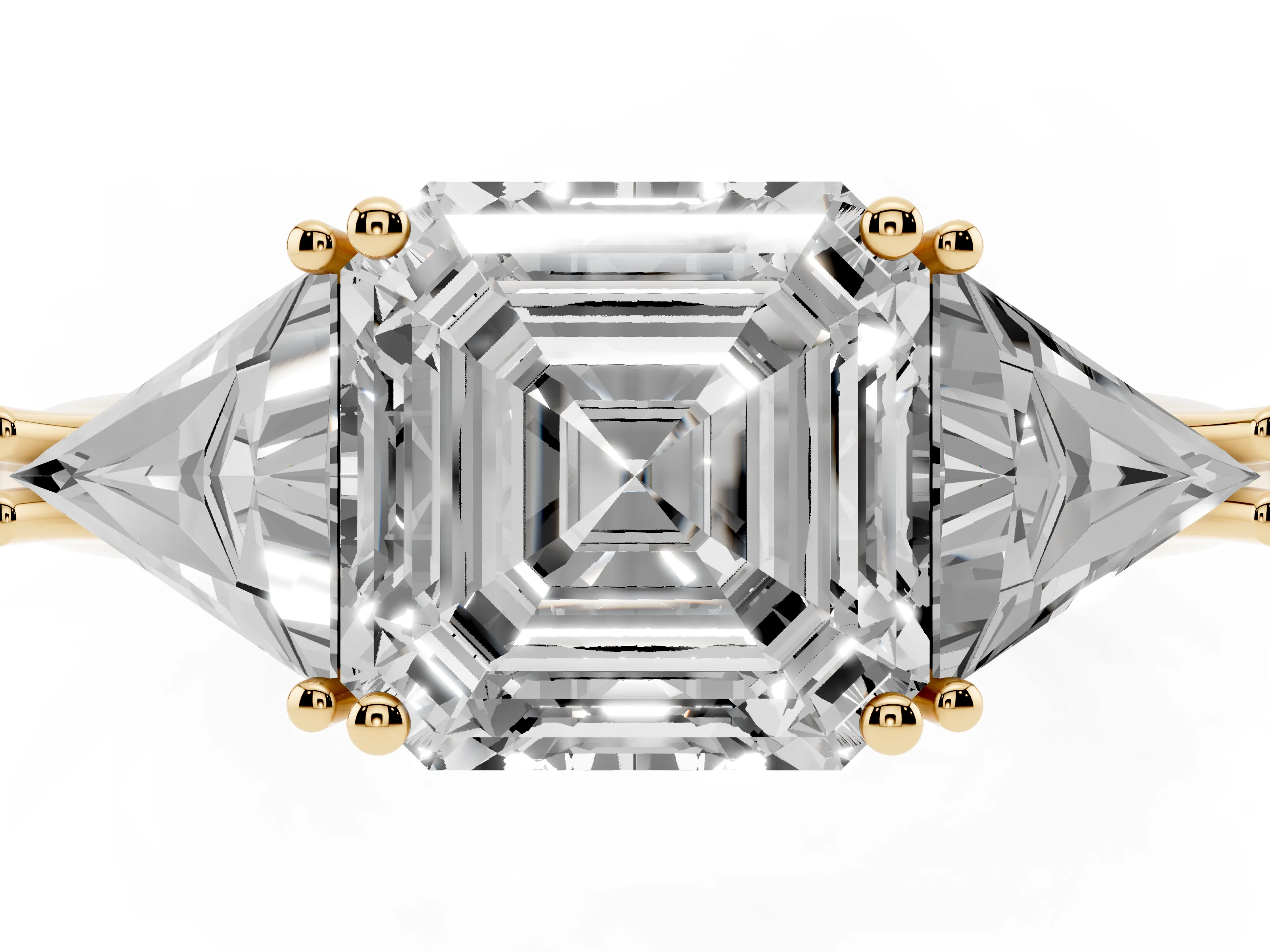 Asscher Cut Diamond Three-Stone Engagement Ring Set in Yellow gold with Trillion Side Stones