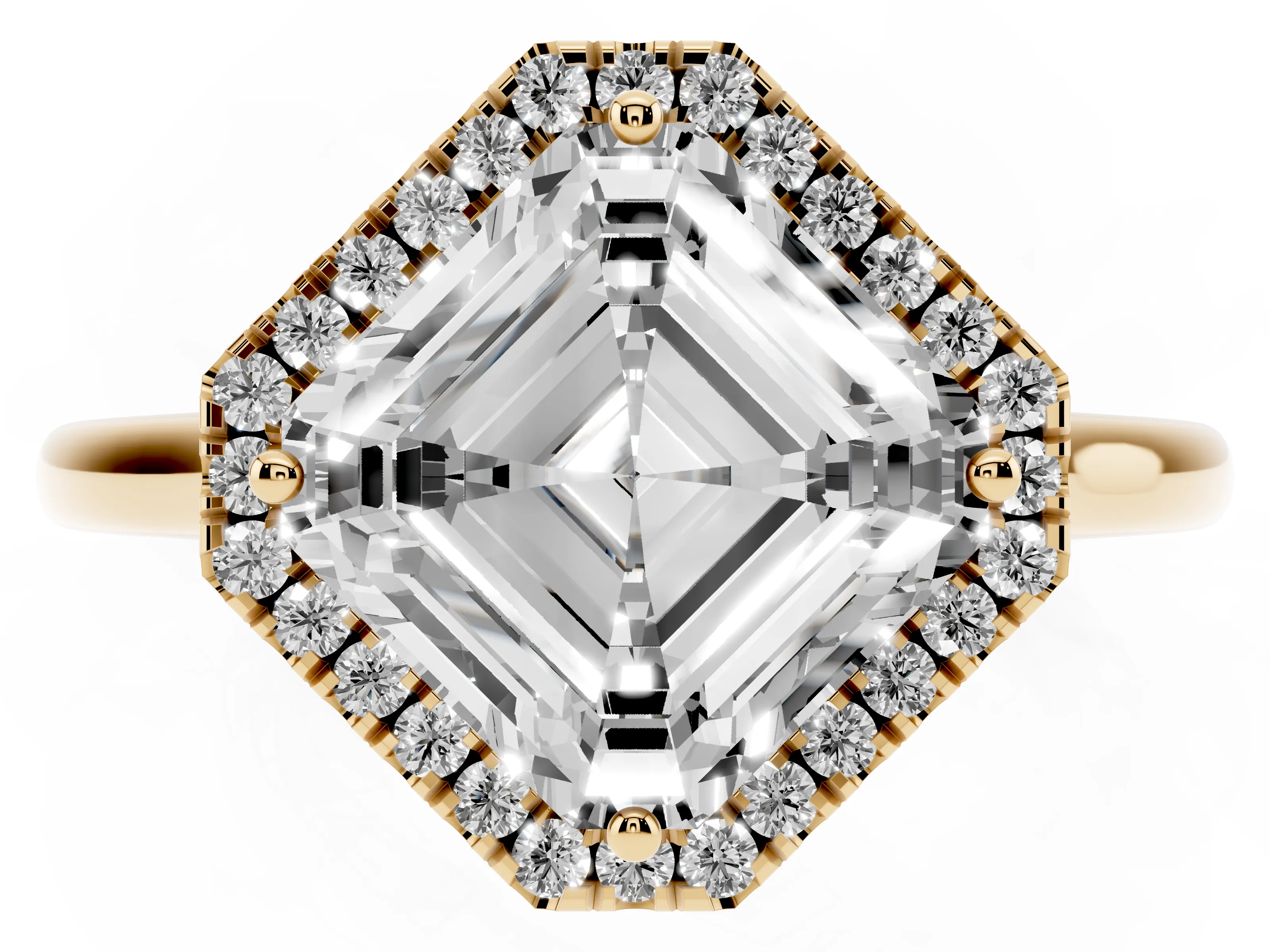 Asscher Cut Diamond Halo Engagement Ring Set in Yellow gold with Pavé Band and Rising Shoulders