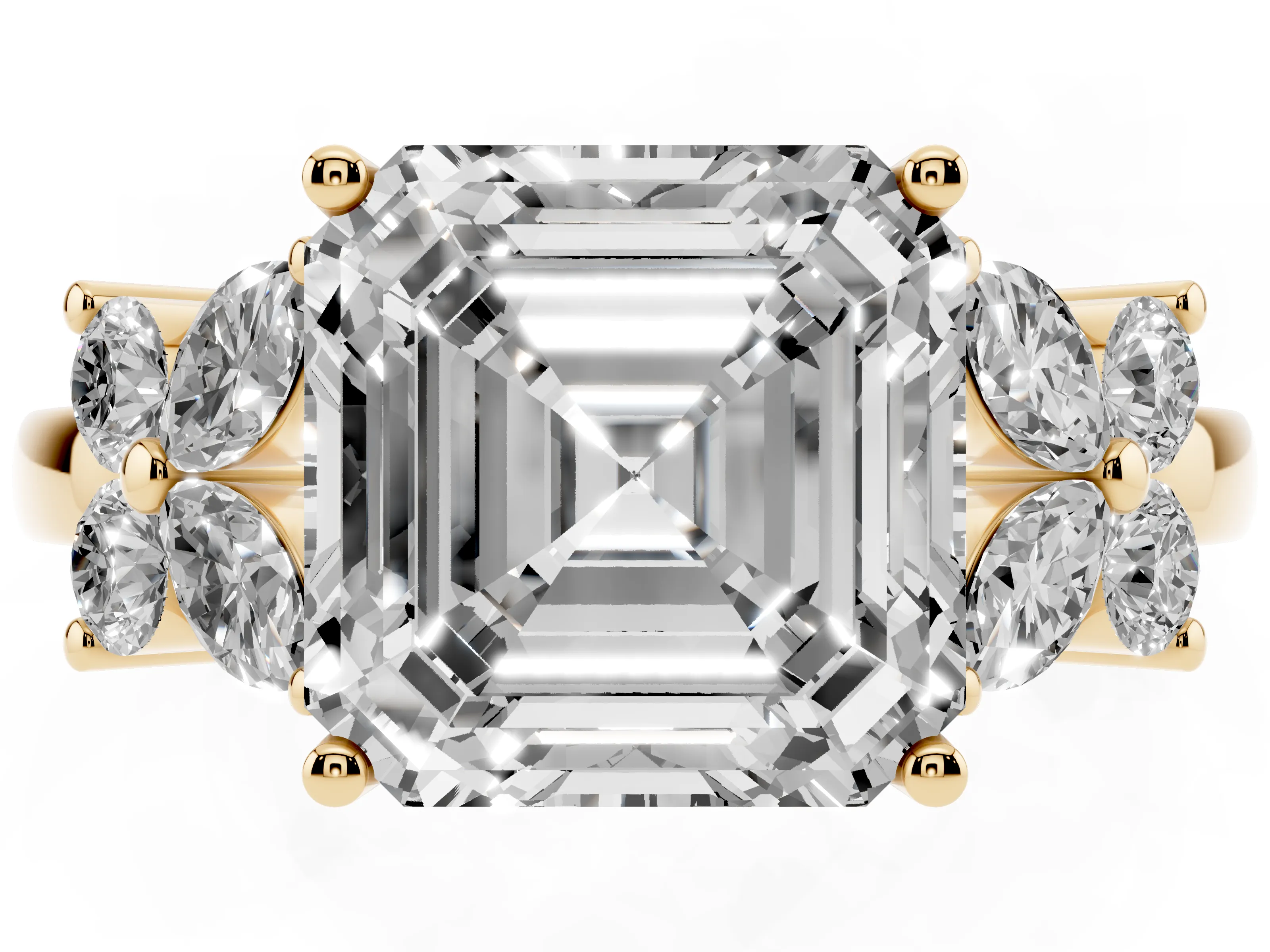 Asscher Cut Diamond Floral Cluster Ring Set in Yellow gold with Marquise Petals and Prong Setting