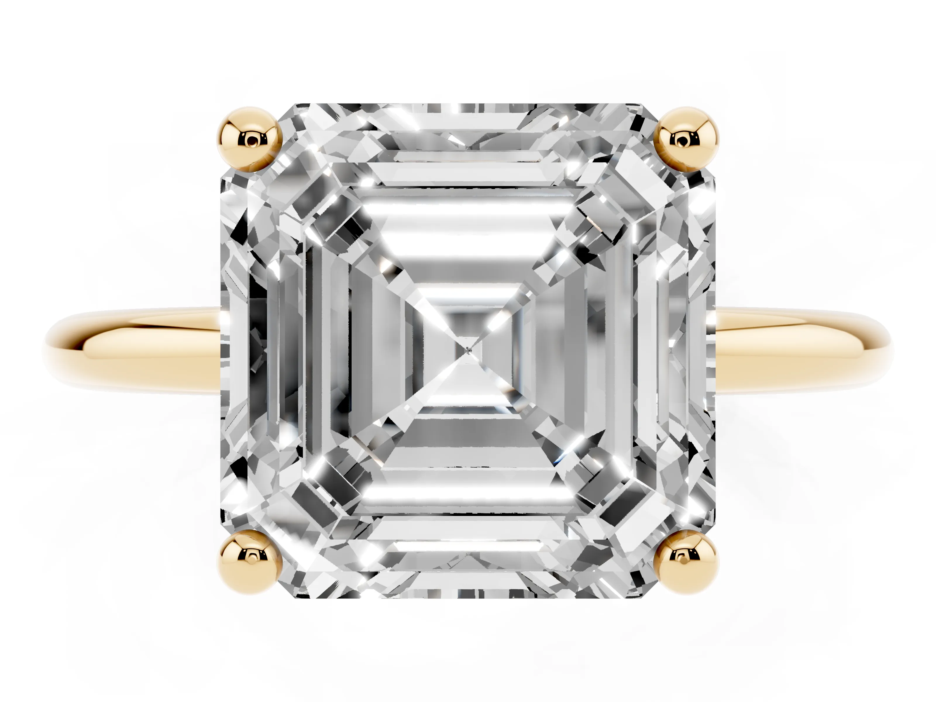 Asscher Cut Diamond Solitaire Ring Set in Yellow gold with Secure Prong Setting on a Classic Band