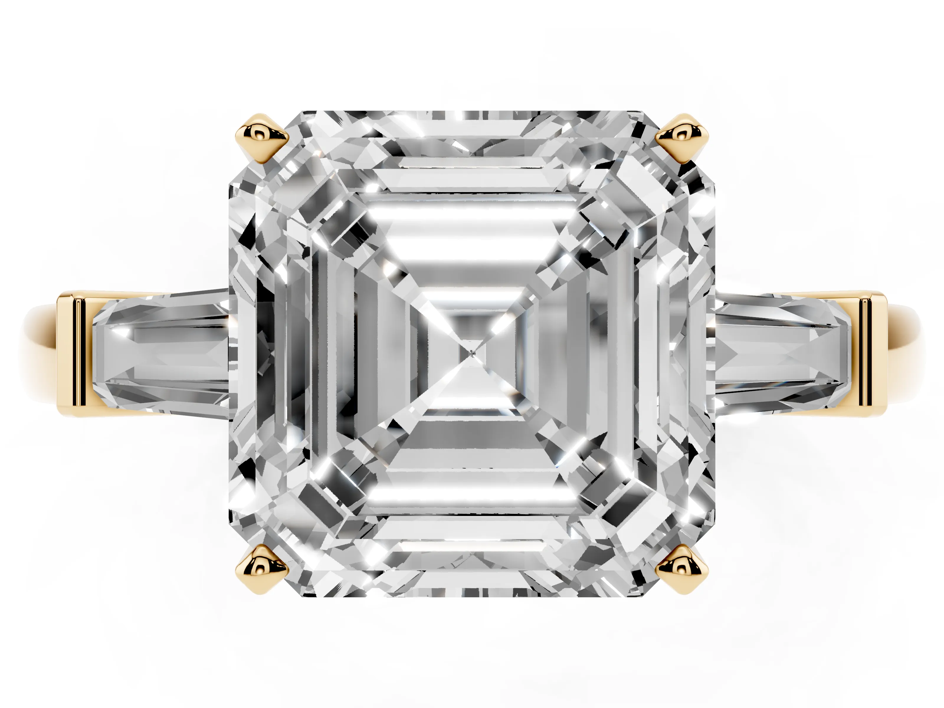 Asscher Cut Diamond Solitaire Ring Set in Yellow gold with Tapered Baguette Accents and Prong Setting