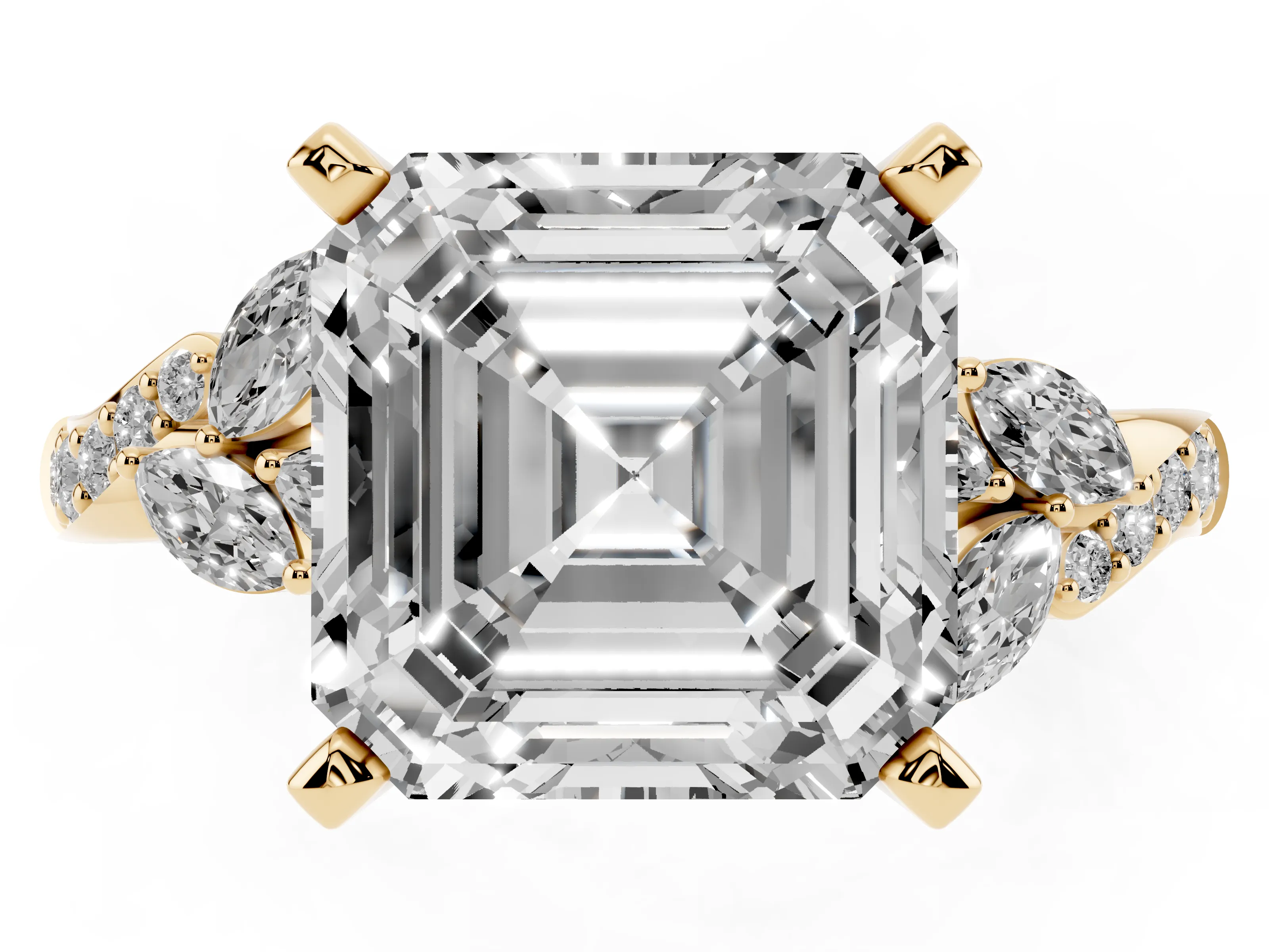 Asscher Cut Diamond Solitaire Ring Set in Yellow gold with Marquise Twist Band and Prong Setting