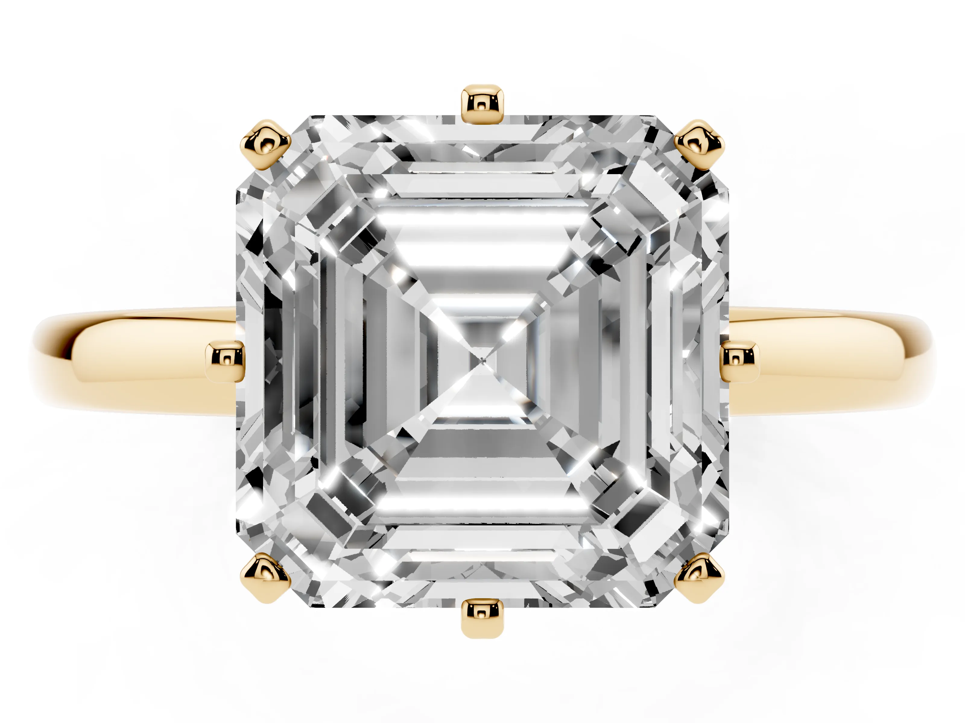 Asscher Cut Diamond Solitaire Ring Set in Yellow gold with Raised Prong Setting on a Classic Band