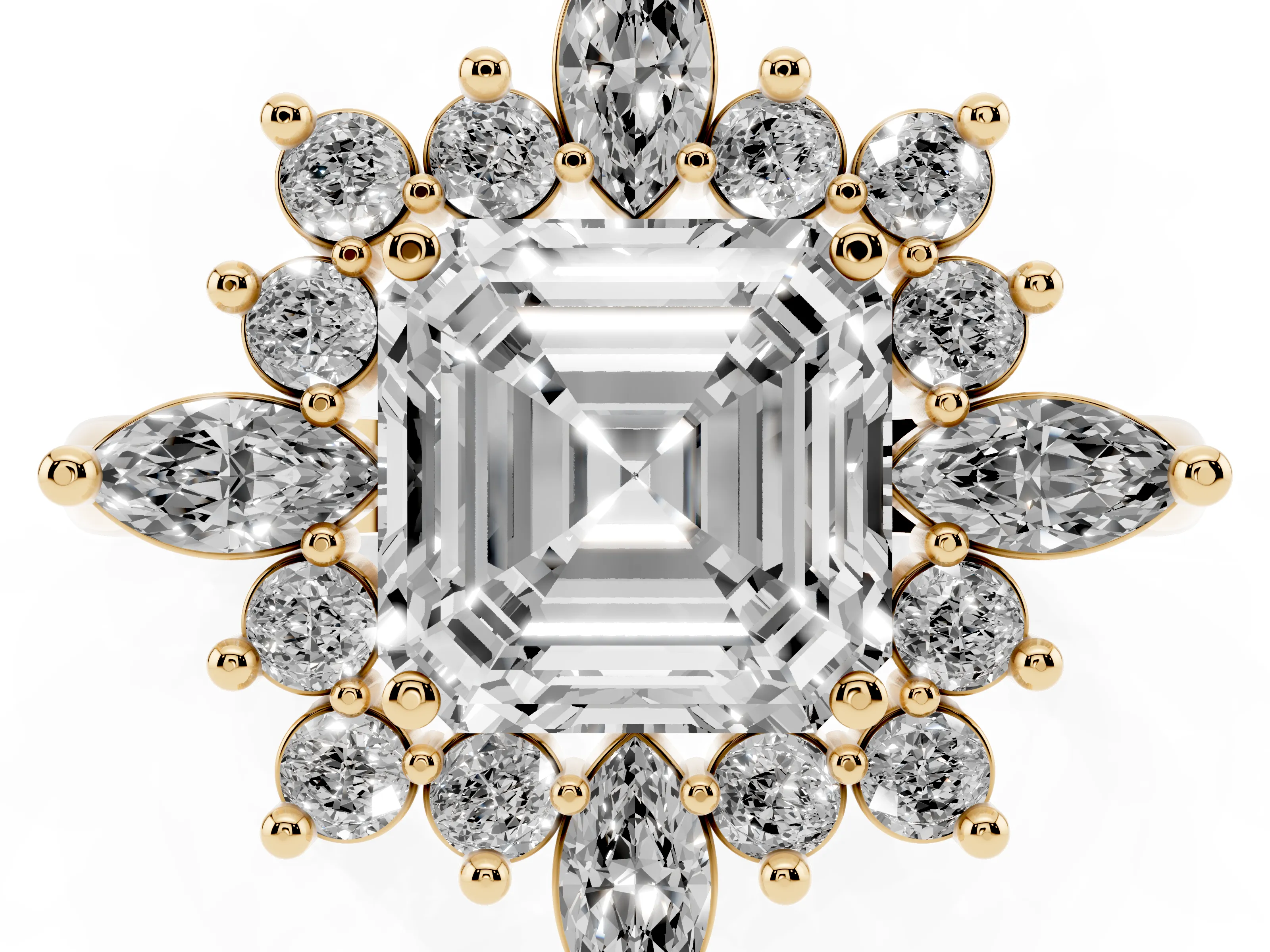 Asscher Cut Diamond Cluster Halo Ring Set in Yellow gold with Marquise and Round Accents