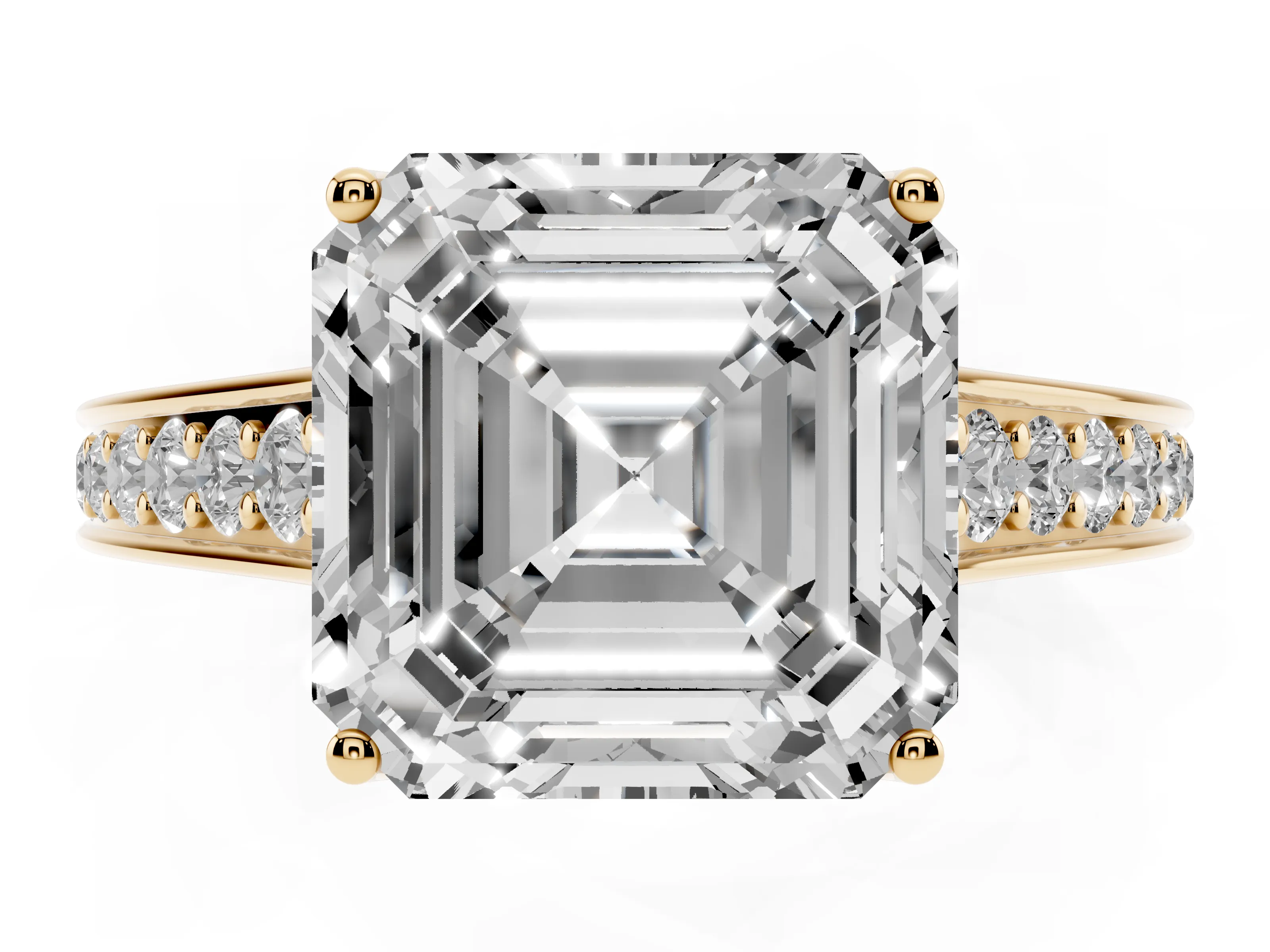 Asscher Cut Diamond Solitaire Pavé Engagement Ring Set in Yellow gold with Prong Setting