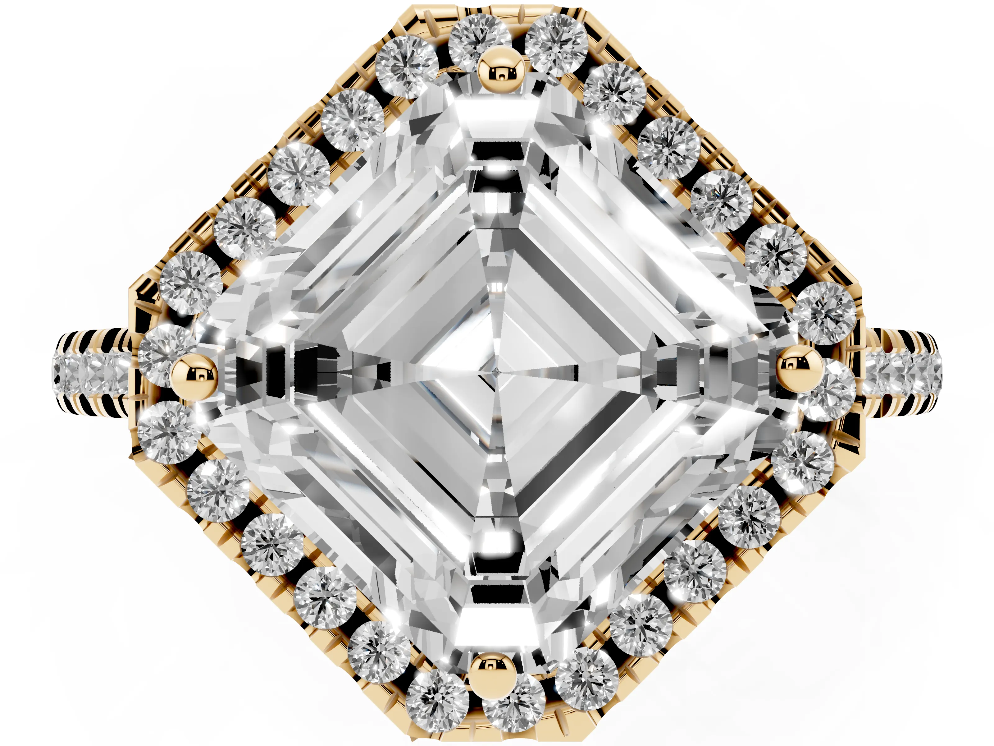 Asscher Cut Diamond Cushion Halo Ring Set in Yellow gold with Pavé Band