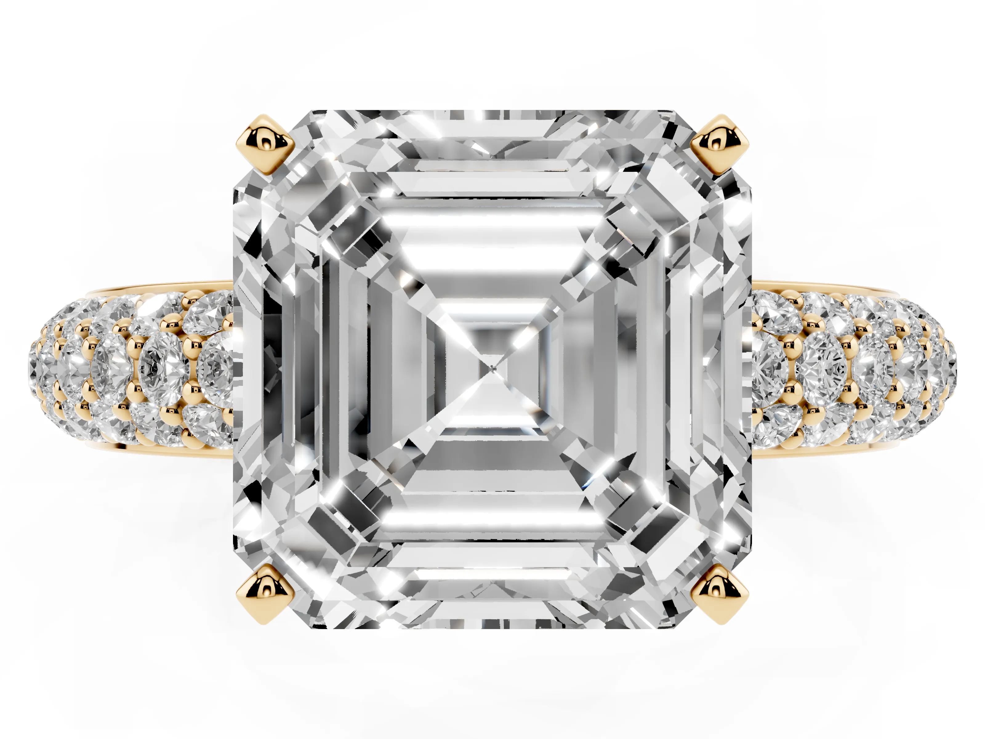 Asscher Cut Diamond Solitaire Ring Set in Yellow gold with Prong Setting and Pavé-Set Band