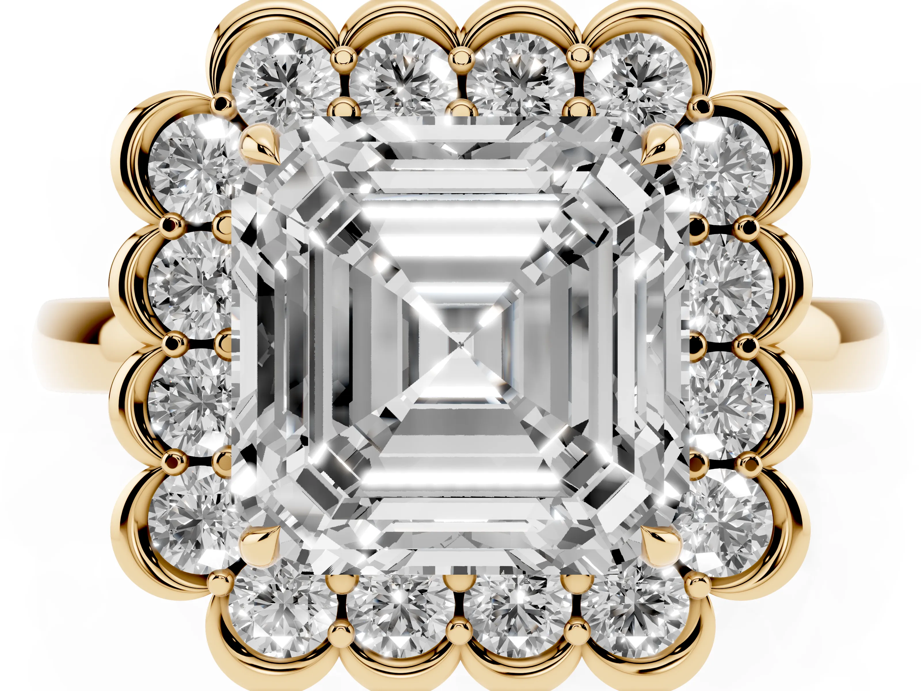 Asscher Cut Diamond Halo Cluster Engagement Ring Set in Yellow gold with Solitaire Band and Prong Setting