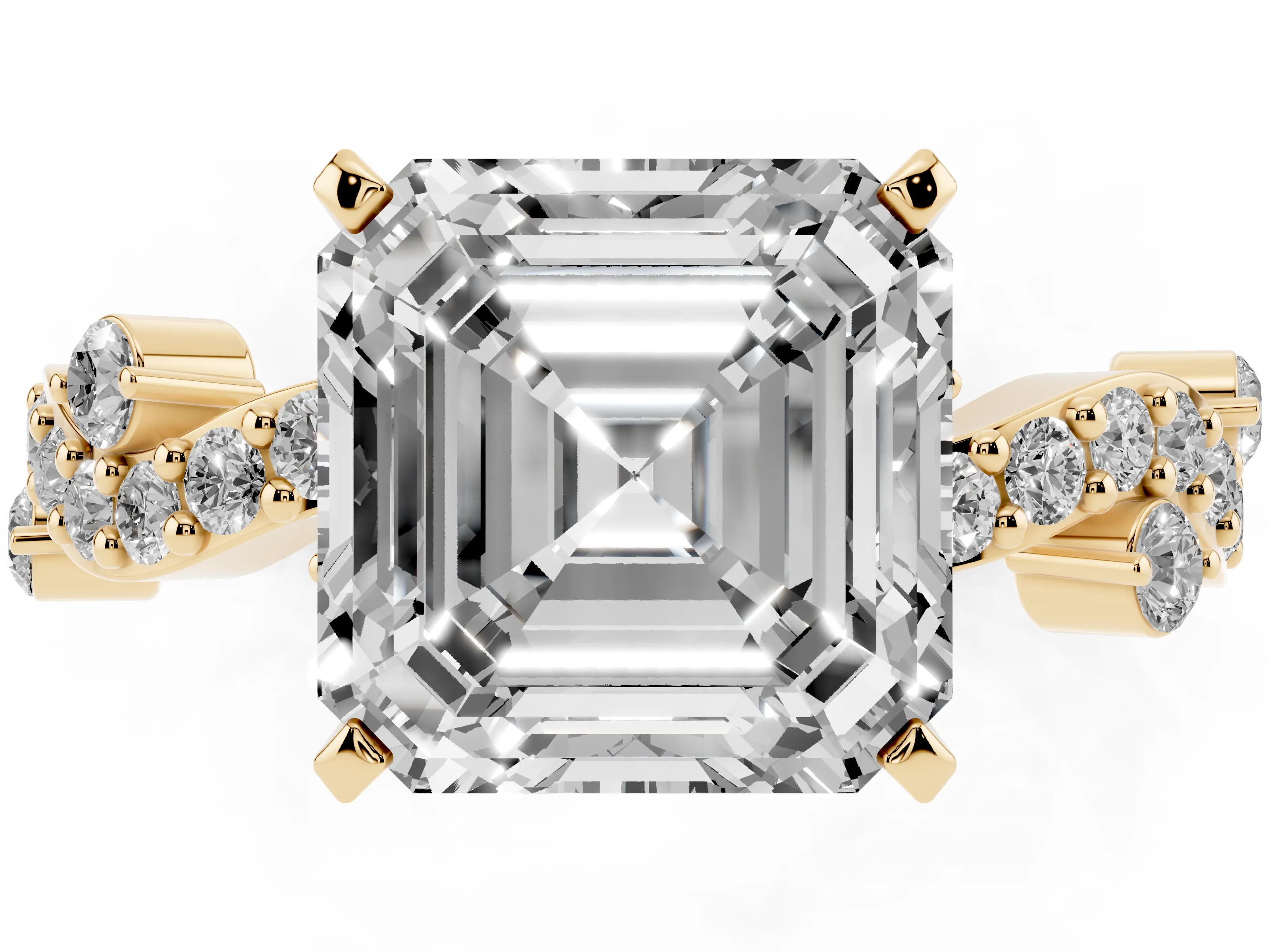 Asscher Cut Diamond Solitaire Twisted Band Set in Yellow gold with Pavé Setting