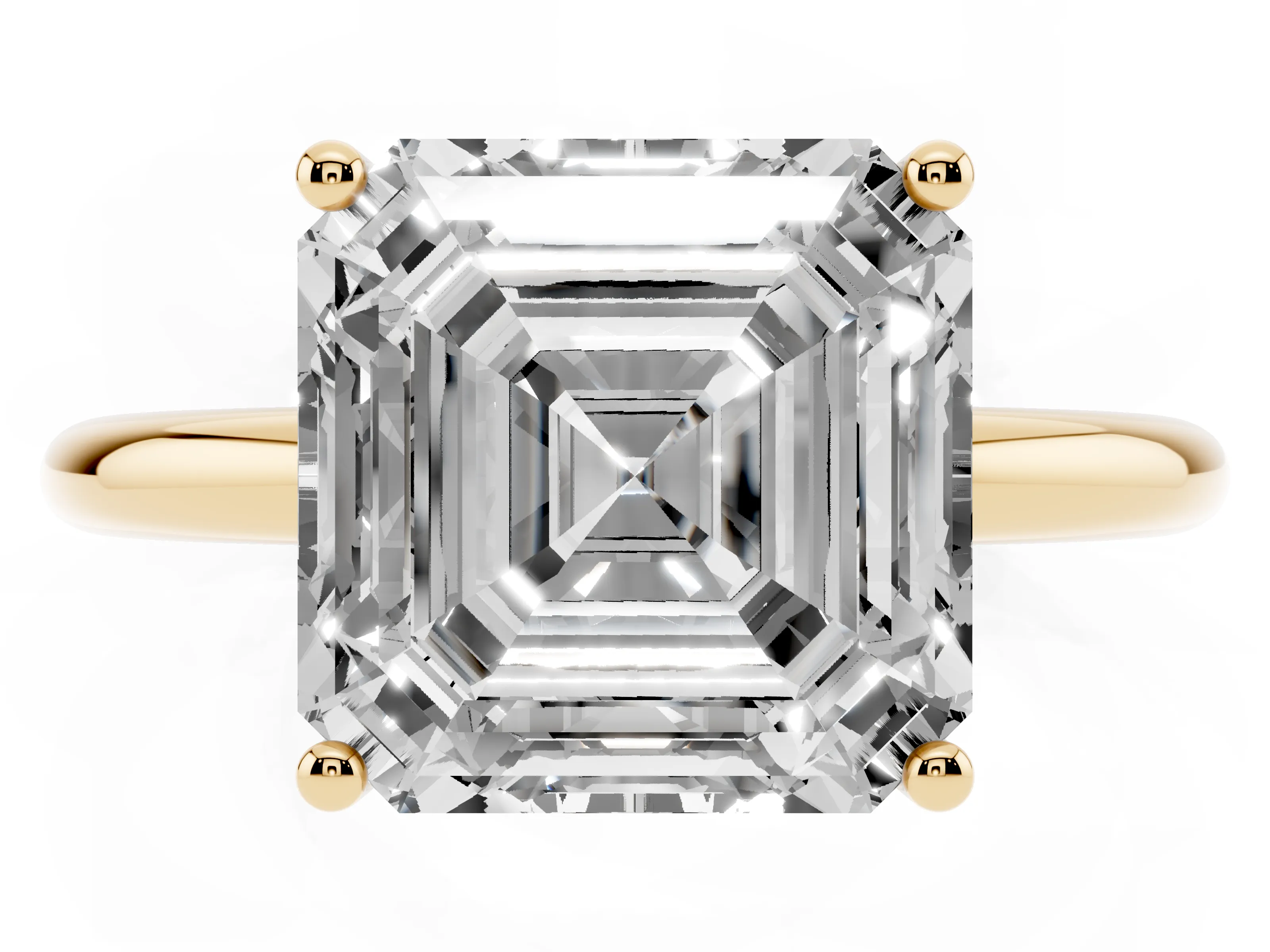 Asscher Cut Diamond Solitaire Engagement Ring Set in Yellow gold with Prong Setting and Polished Band