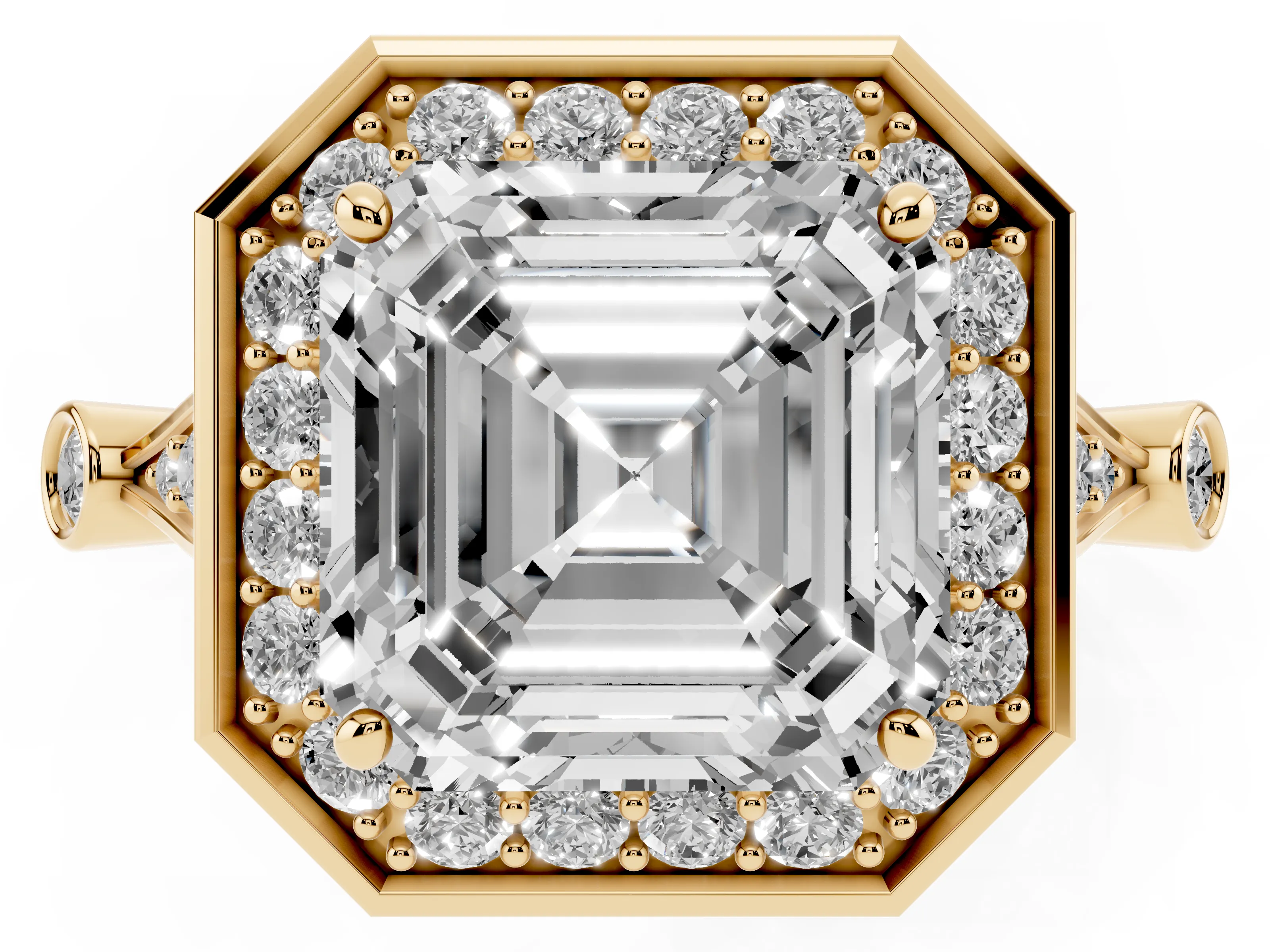 Asscher Cut Diamond Halo Engagement Ring Set in Yellow gold with Twisted Band and Prong Setting