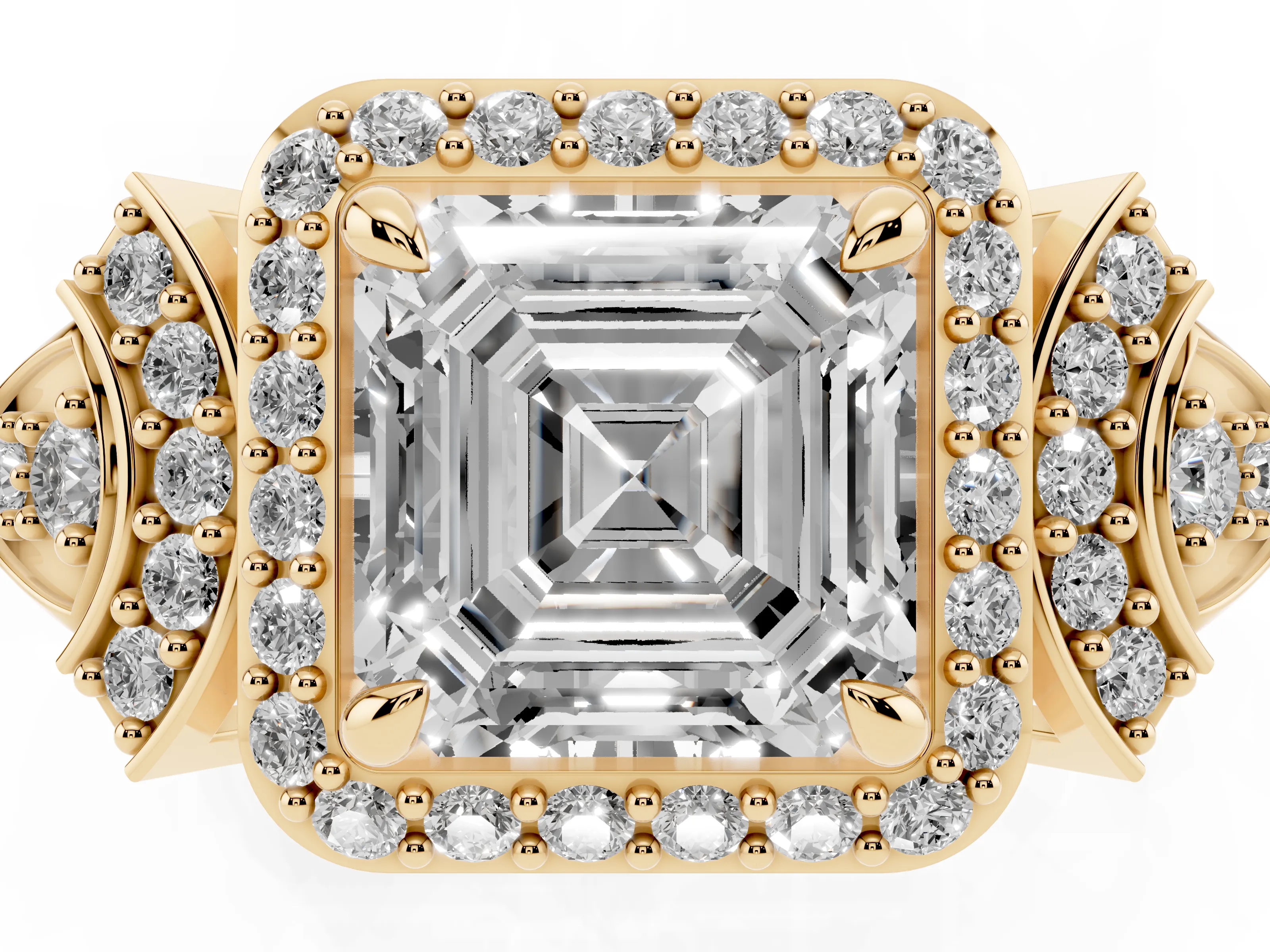 Asscher Cut Diamond Halo Engagement Ring Set in Yellow gold with Accent Stone Split Shank
