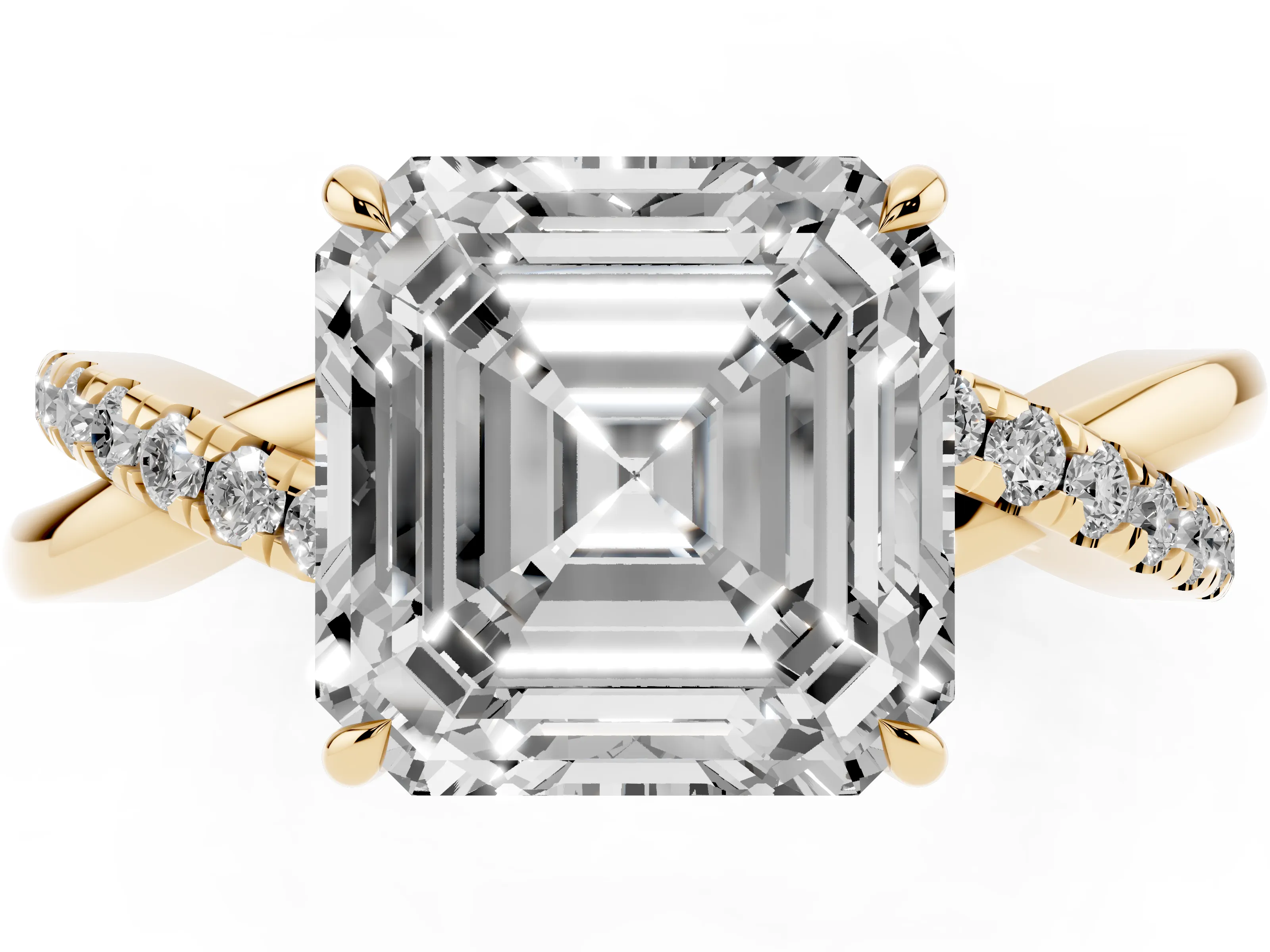 Asscher Cut Diamond Twisted Pavé Band Ring Set in Yellow gold with Prong Setting