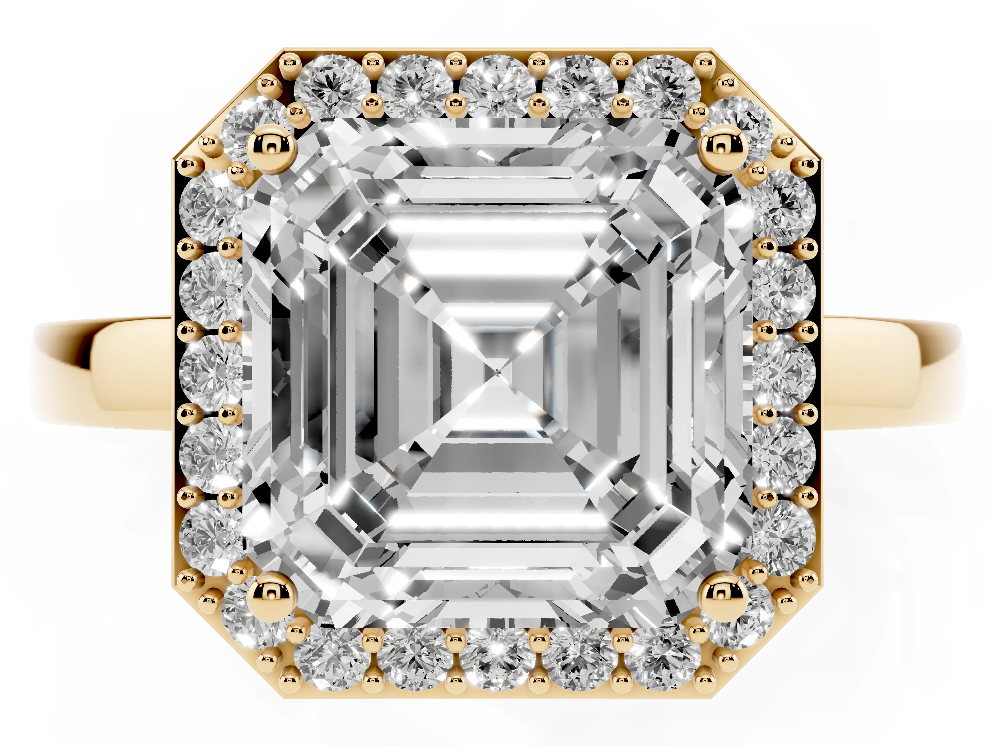 Asscher Cut Diamond Halo Ring Set in Yellow gold with Solitaire Band and Prong Setting