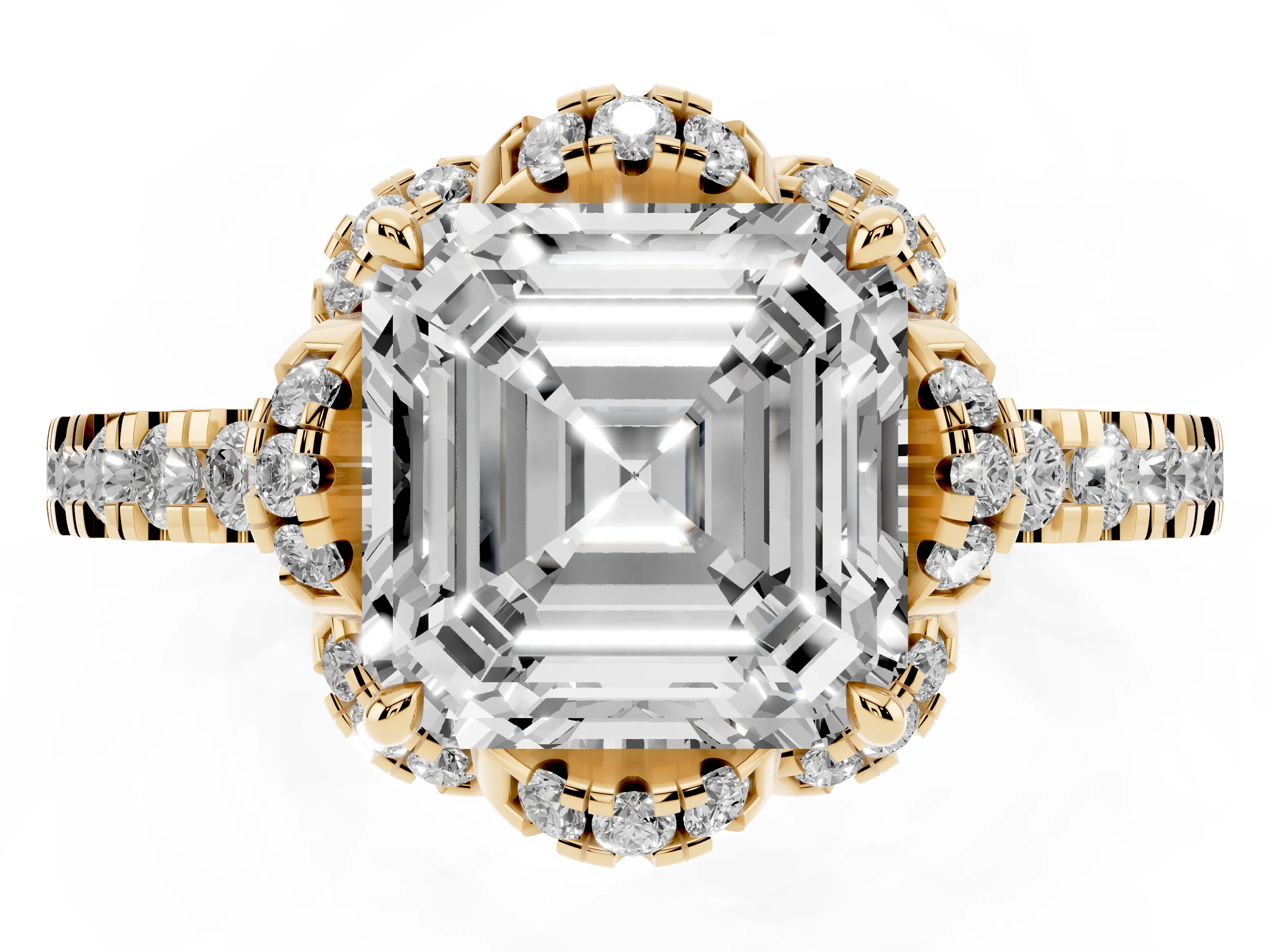 Asscher Cut Diamond Halo Pavé Ring Set in Yellow gold with Prong-Held Center Stone