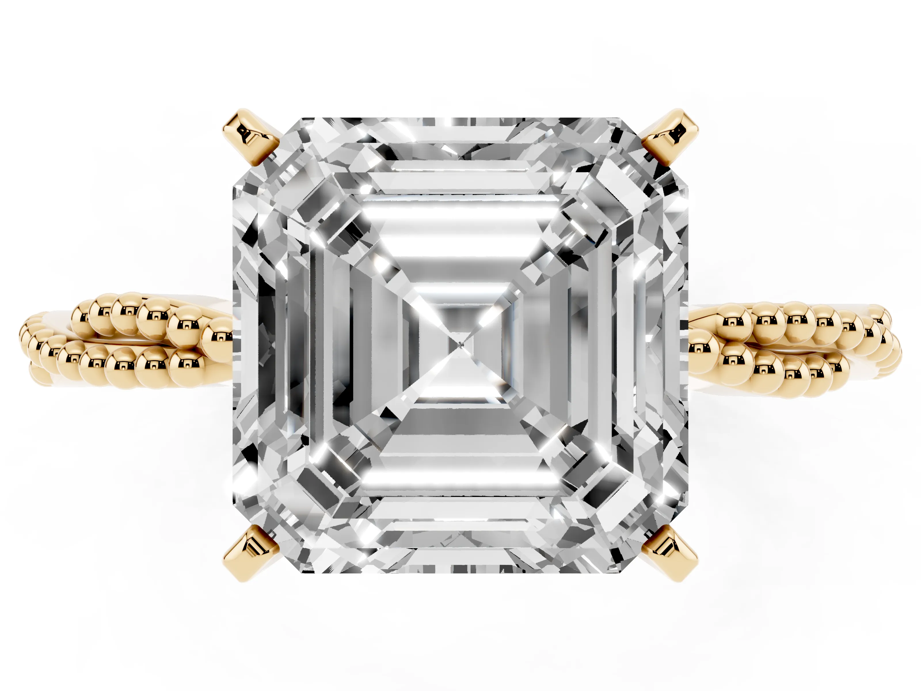 Asscher Cut Diamond Solitaire Ring Set in Yellow gold with Twisted Band and Bead Prong Setting