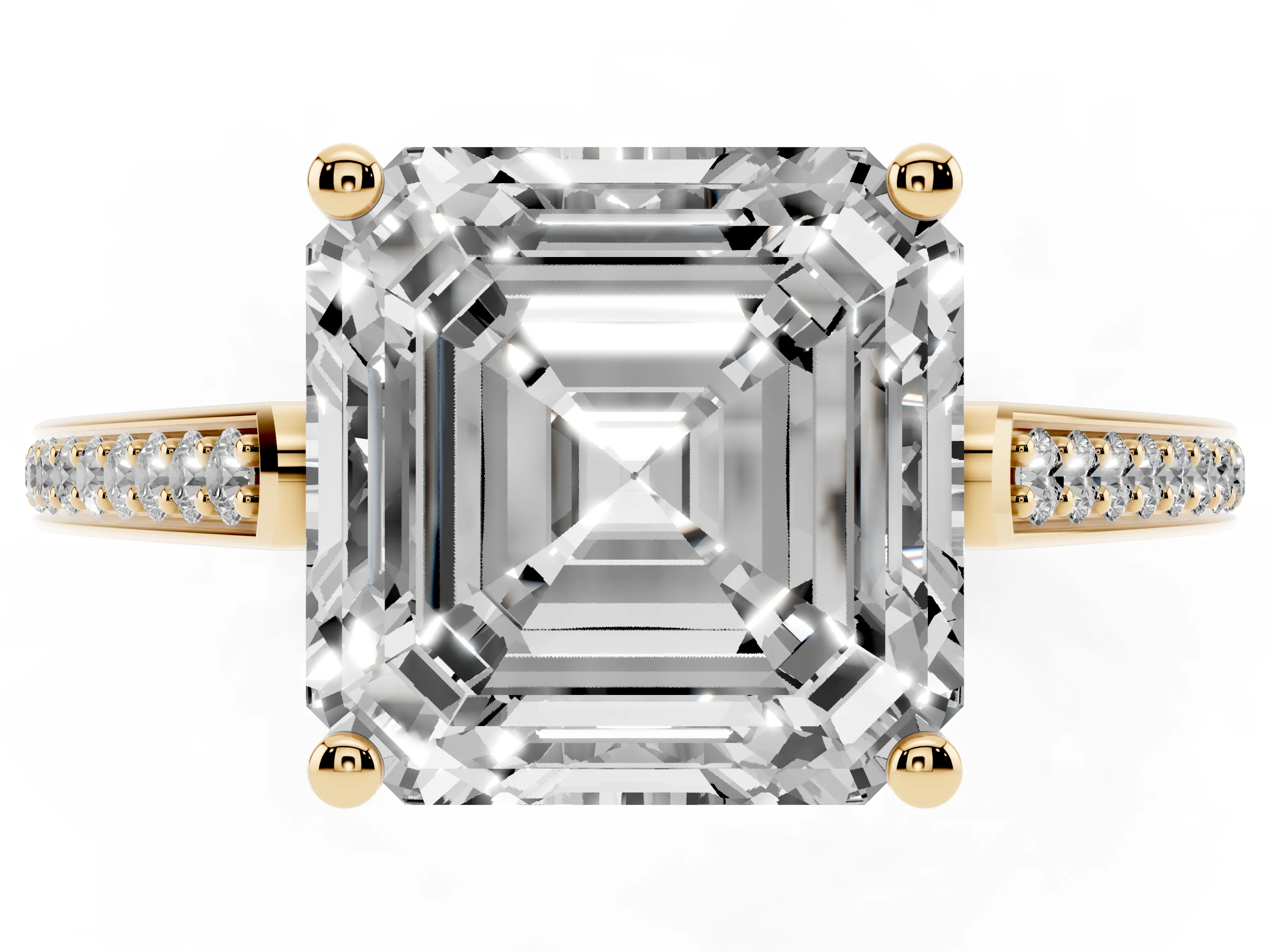 Asscher Cut Diamond Cathedral Pavé Engagement Ring Set in Yellow gold with Prong Setting