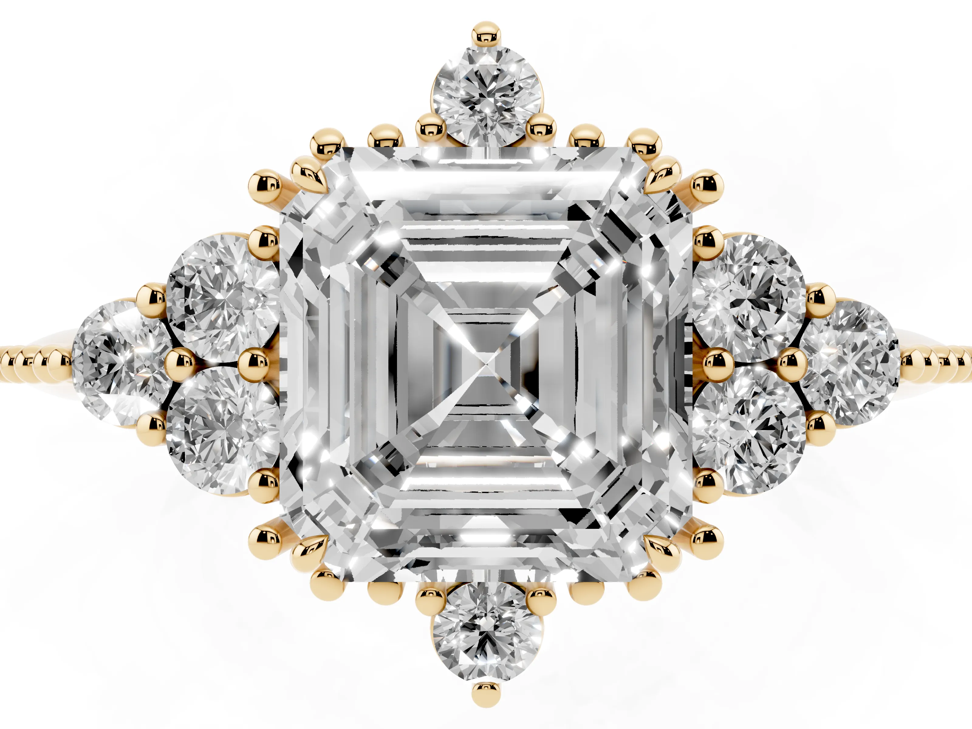 Asscher Cut Diamond Cluster Ring Set in Yellow gold with Beaded Band
