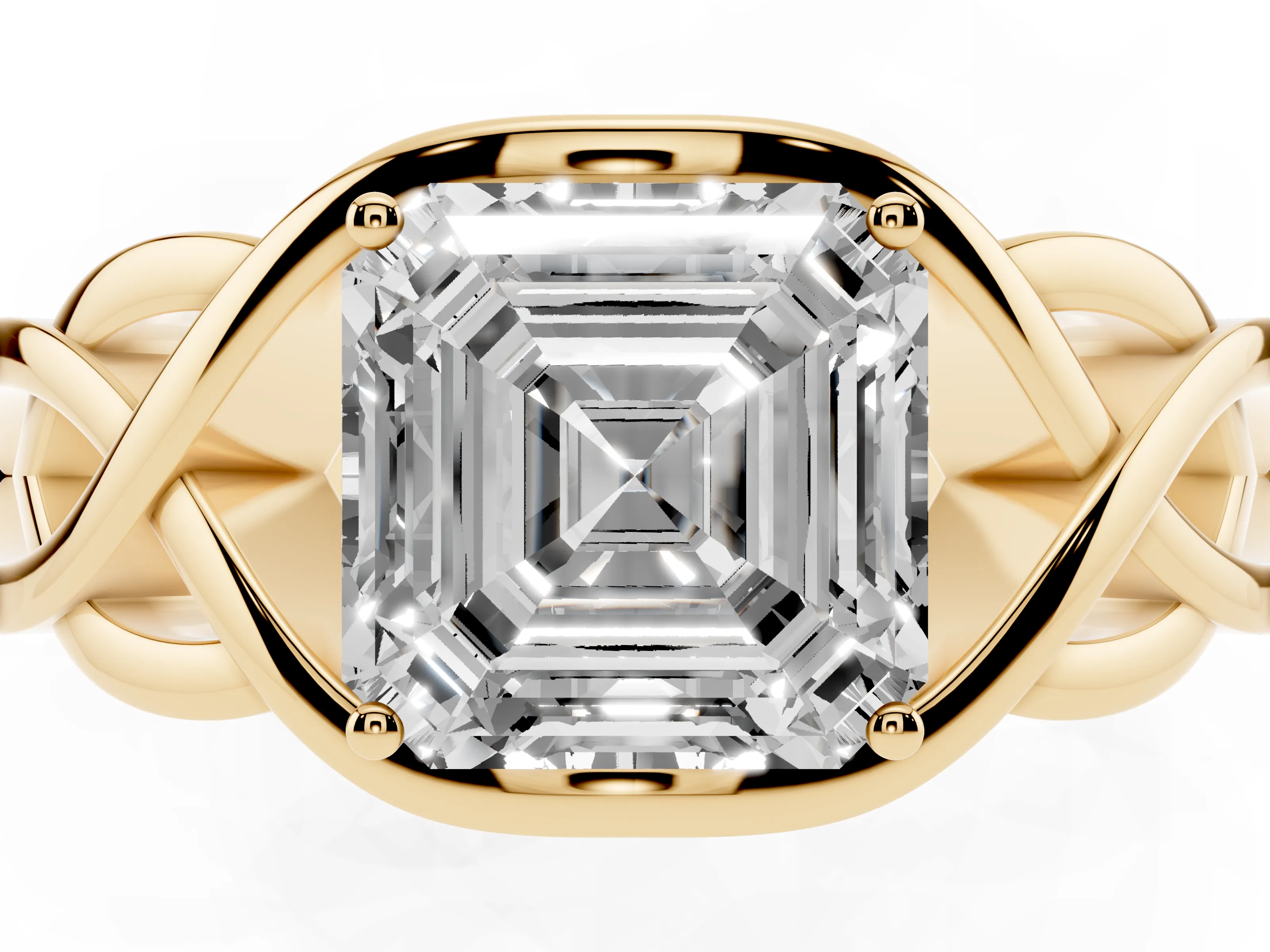 Asscher Cut Diamond Solitaire Ring Set in Yellow gold with Intertwined Band