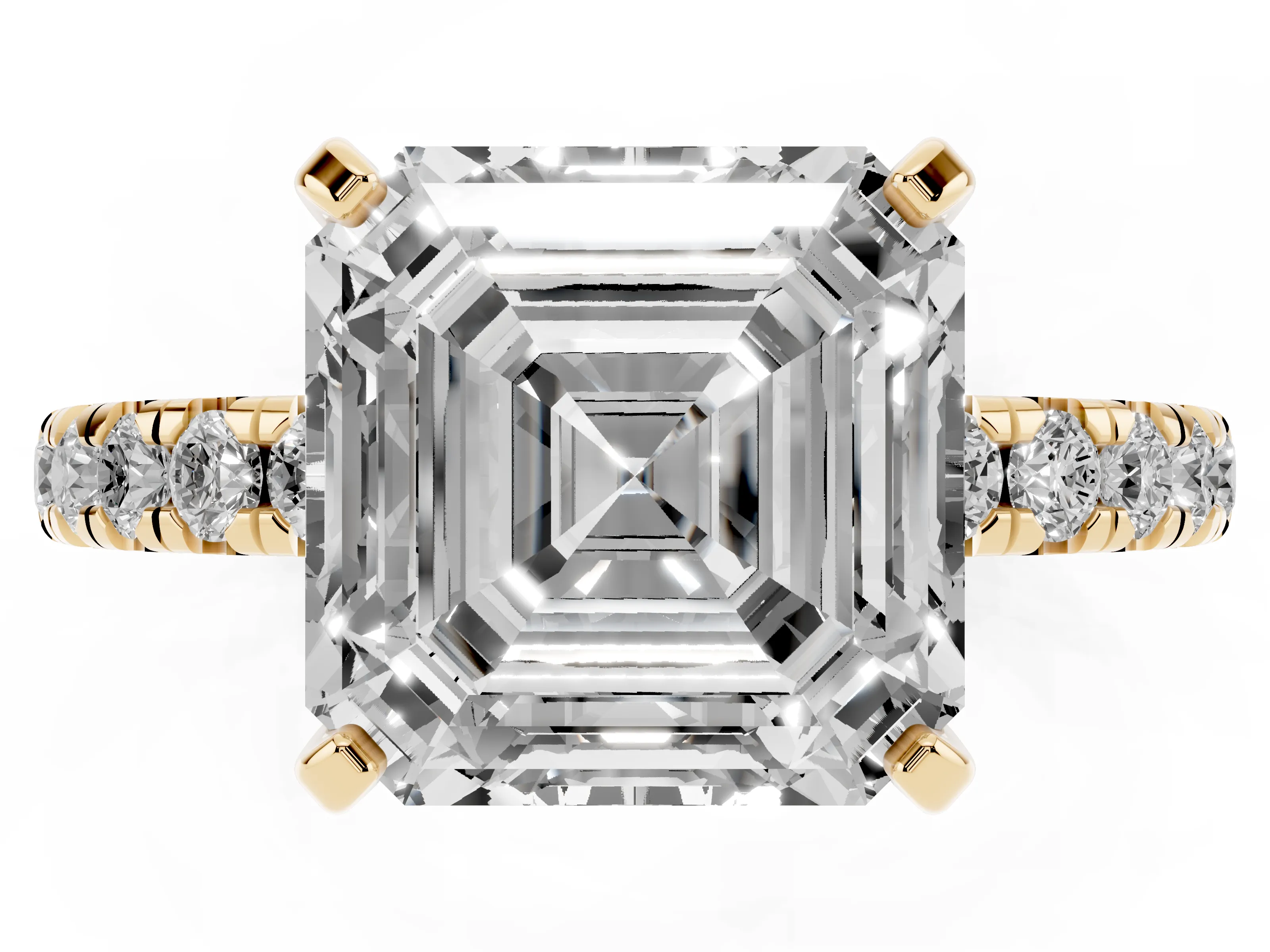 Asscher Cut Diamond Pavé Solitaire Ring Set in Yellow gold with Round Band and Prong Setting