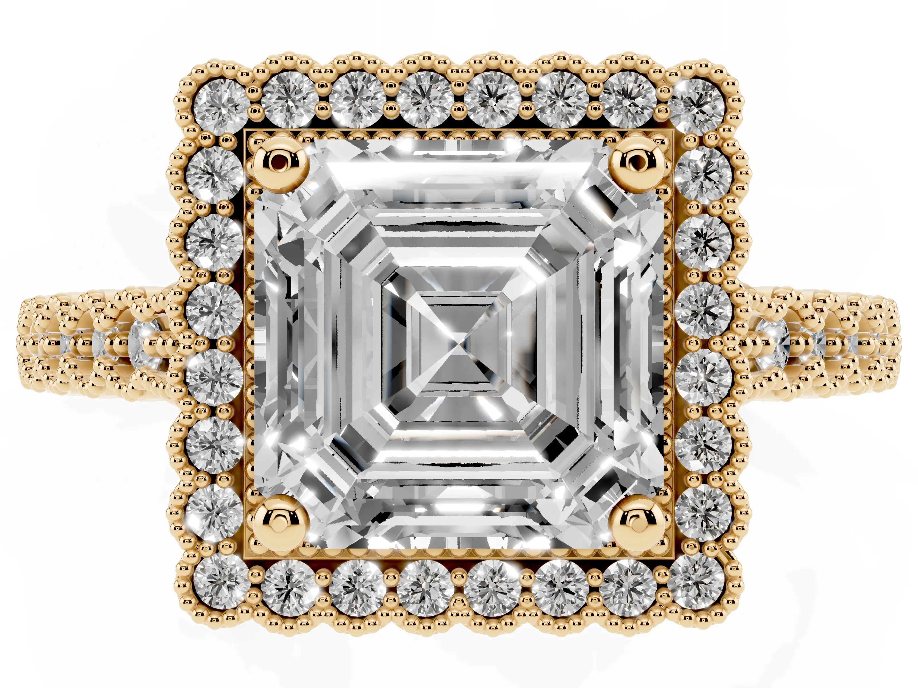 Asscher Cut Diamond Halo Ring Set in Yellow gold with Pavé Milgrain Band