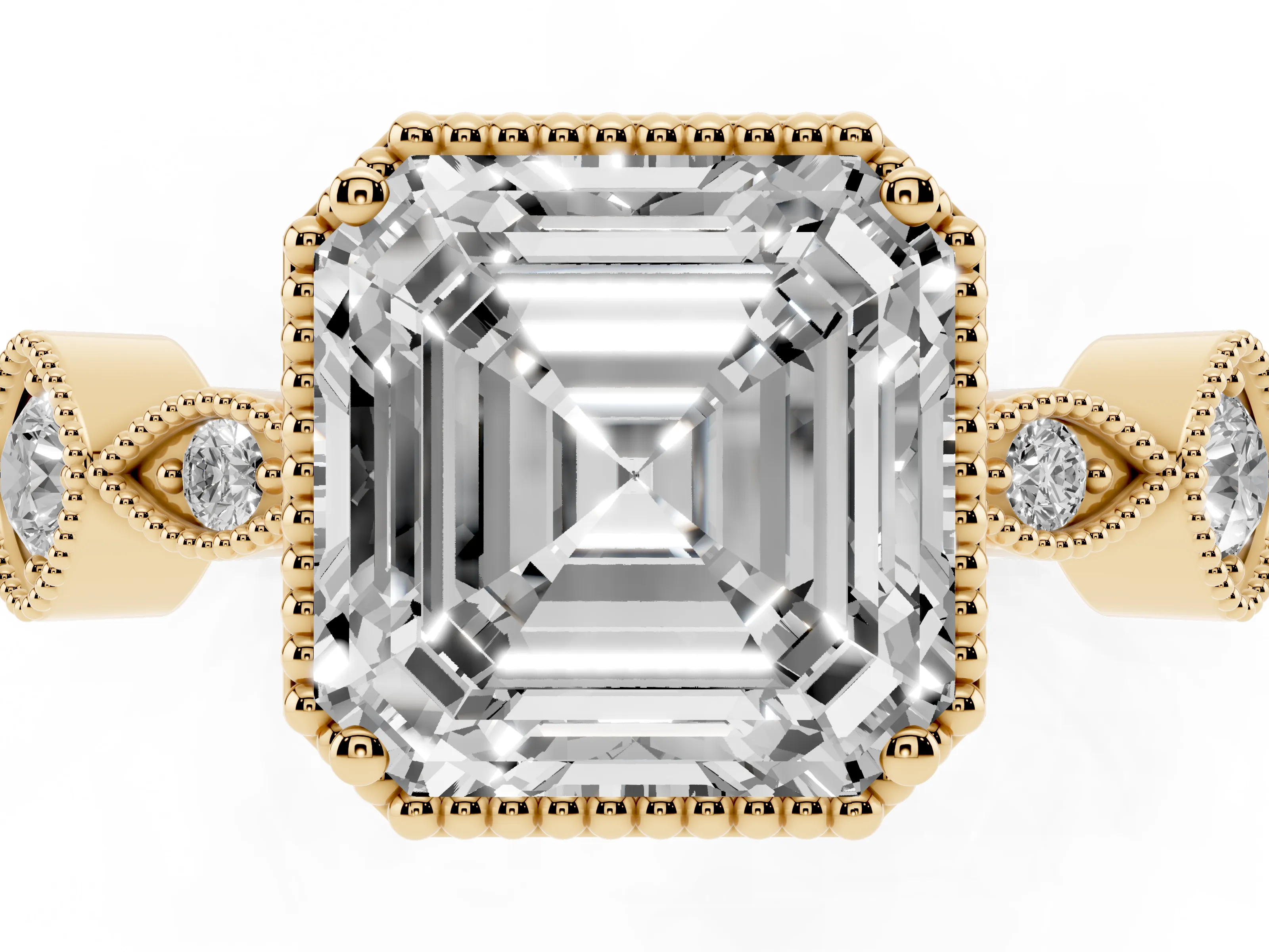 Asscher Cut Diamond Vintage-Inspired Milgrain Ring Set in Yellow gold with Marquise Stations of Round Accents
