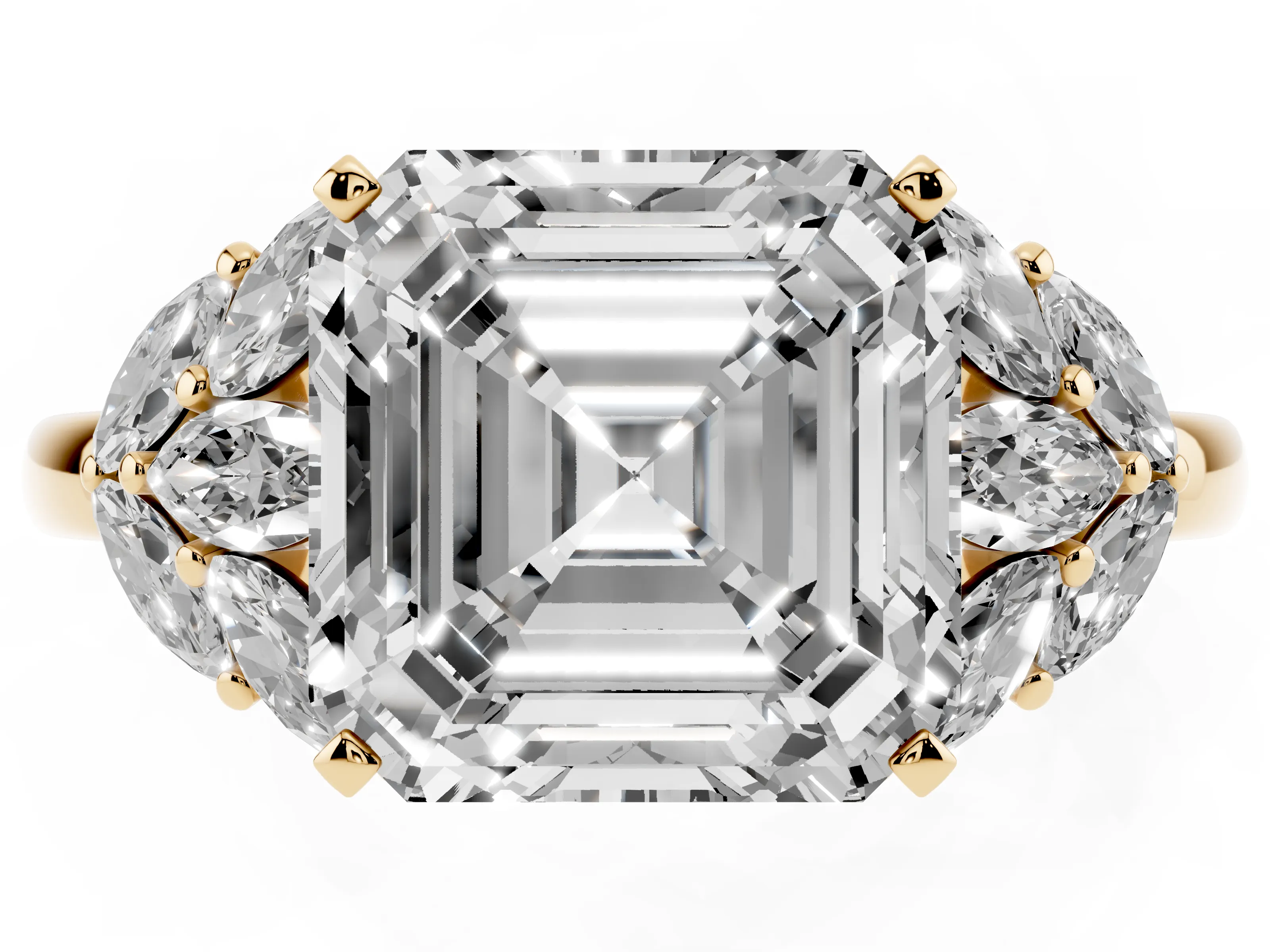 Asscher Cut Diamond Cluster Leaf Design Ring Set in Yellow gold with Prong Setting