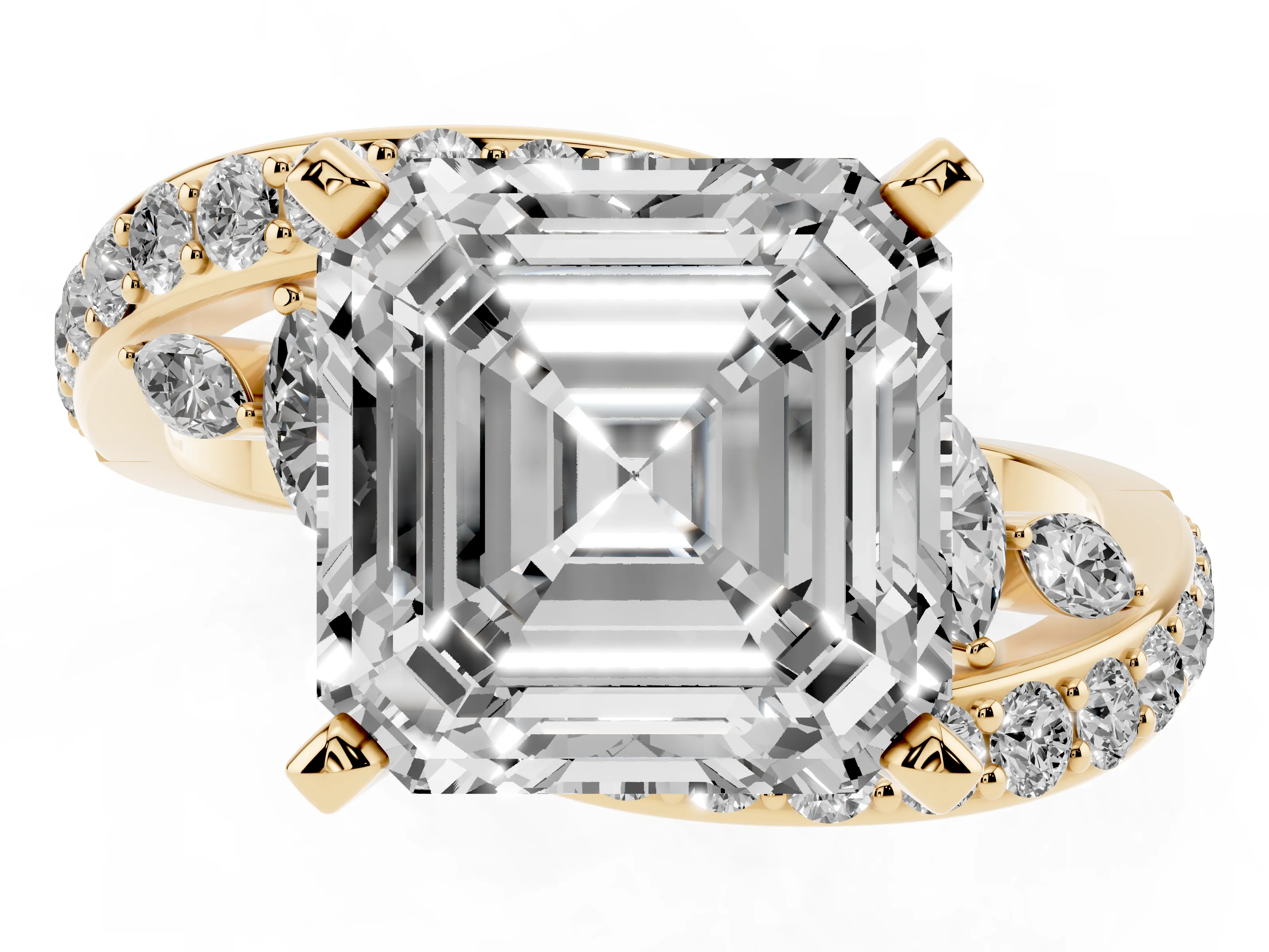 Asscher Cut Bypass Pavé Engagement Ring Setting | Marquise Accents | Yellow Gold