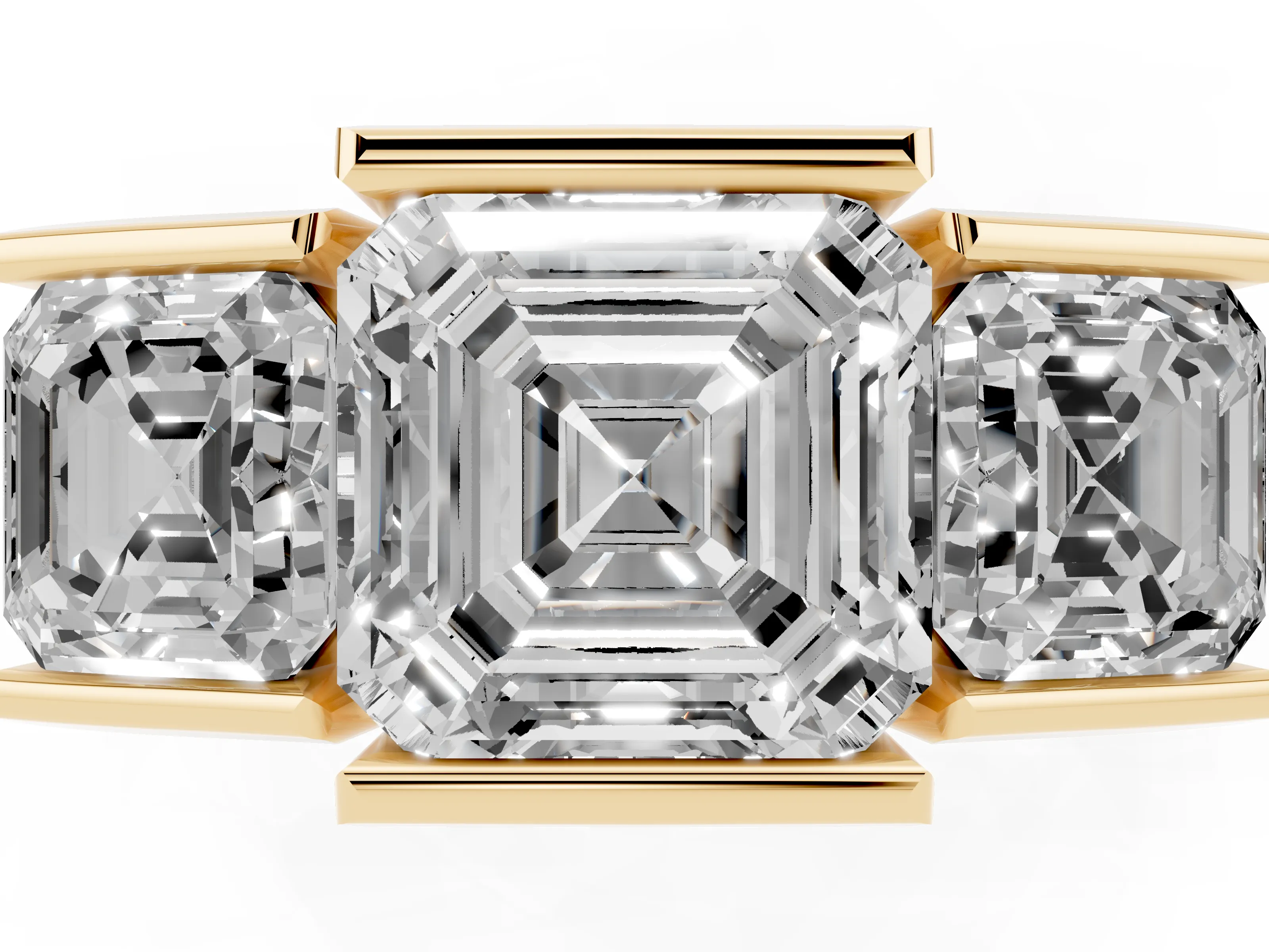 Asscher Cut Diamond Three-Stone Channel Set Ring Set in Yellow gold with Smooth Polished Band
