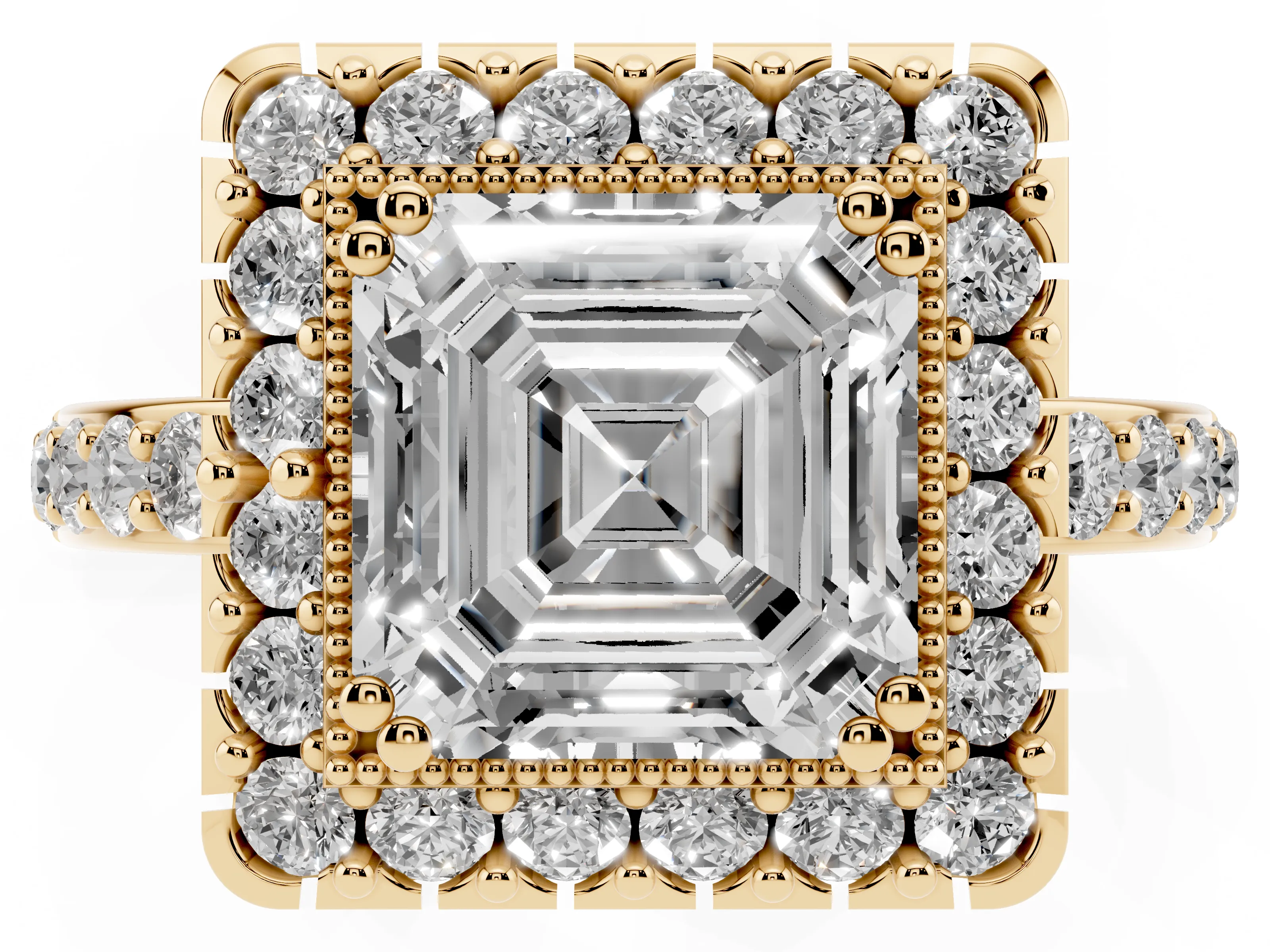 Asscher Cut Diamond Halo Ring Set in Yellow gold with Pavé Shank and Prong Setting