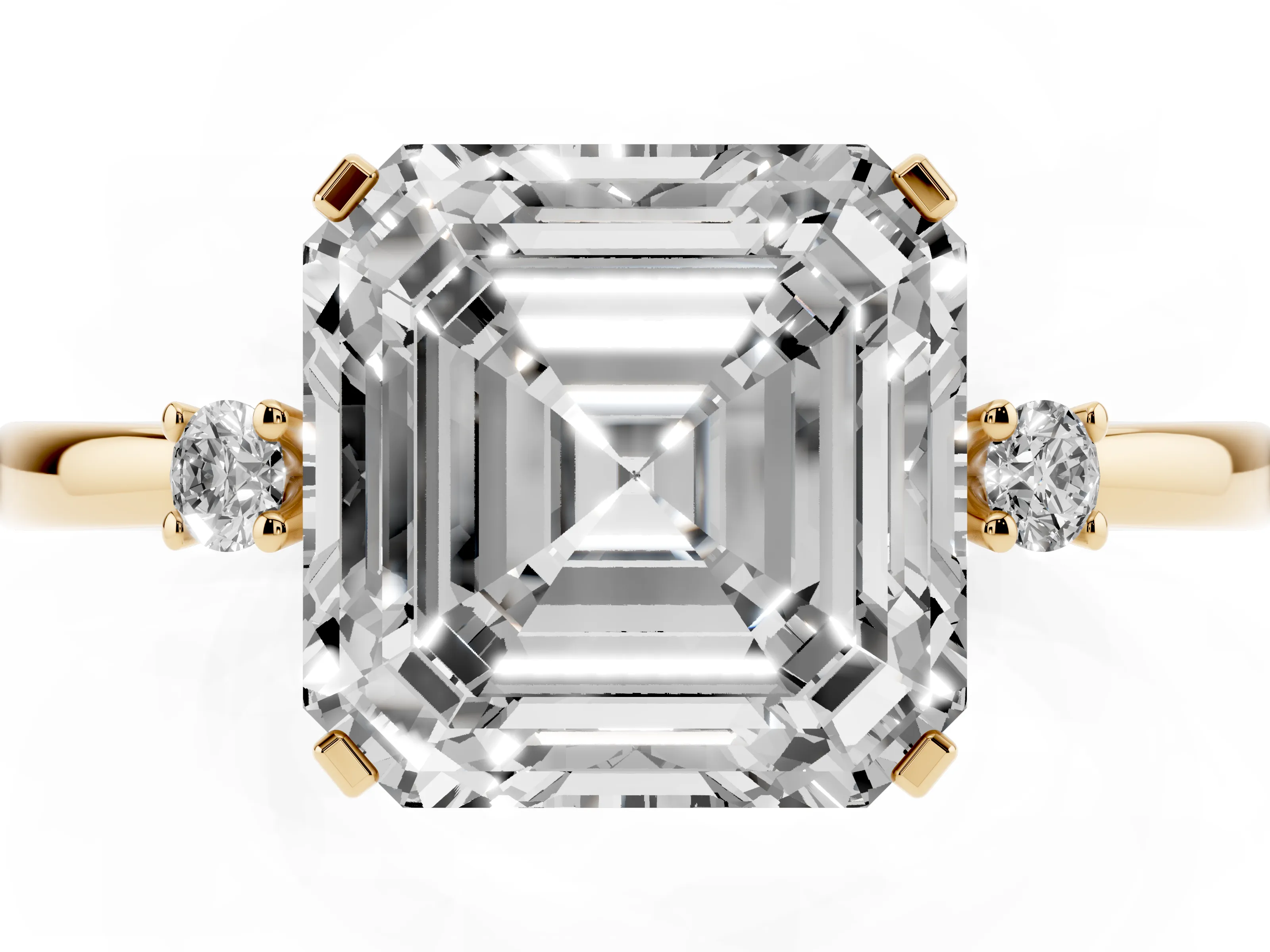 Three-Stone Asscher Cut Diamond Solitaire Ring Set in Yellow gold with Round Accent Stones and Prong Setting