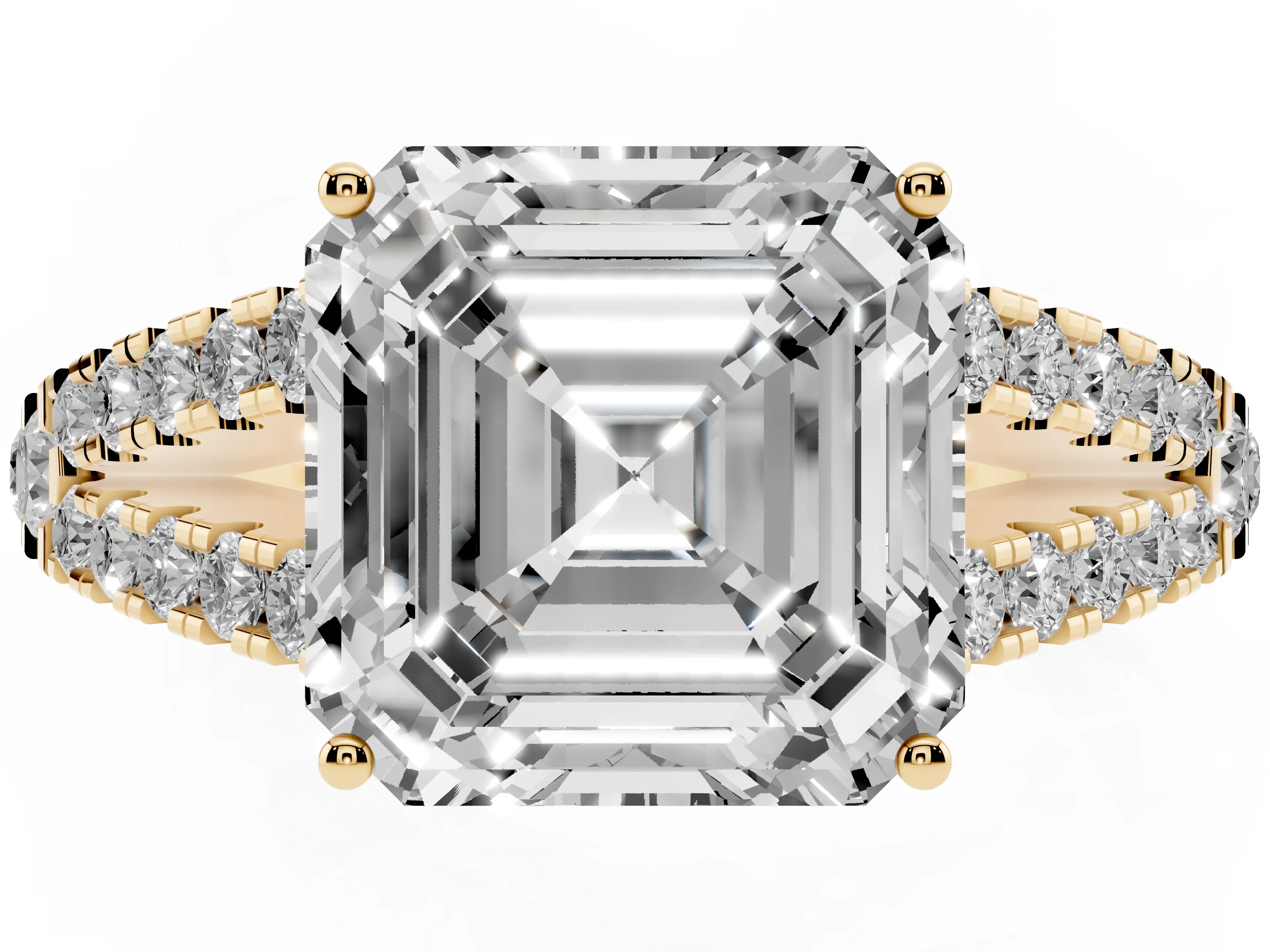 Asscher Cut Diamond Split Shank Engagement Ring Set in Yellow gold with Round Pavé and Prong Setting