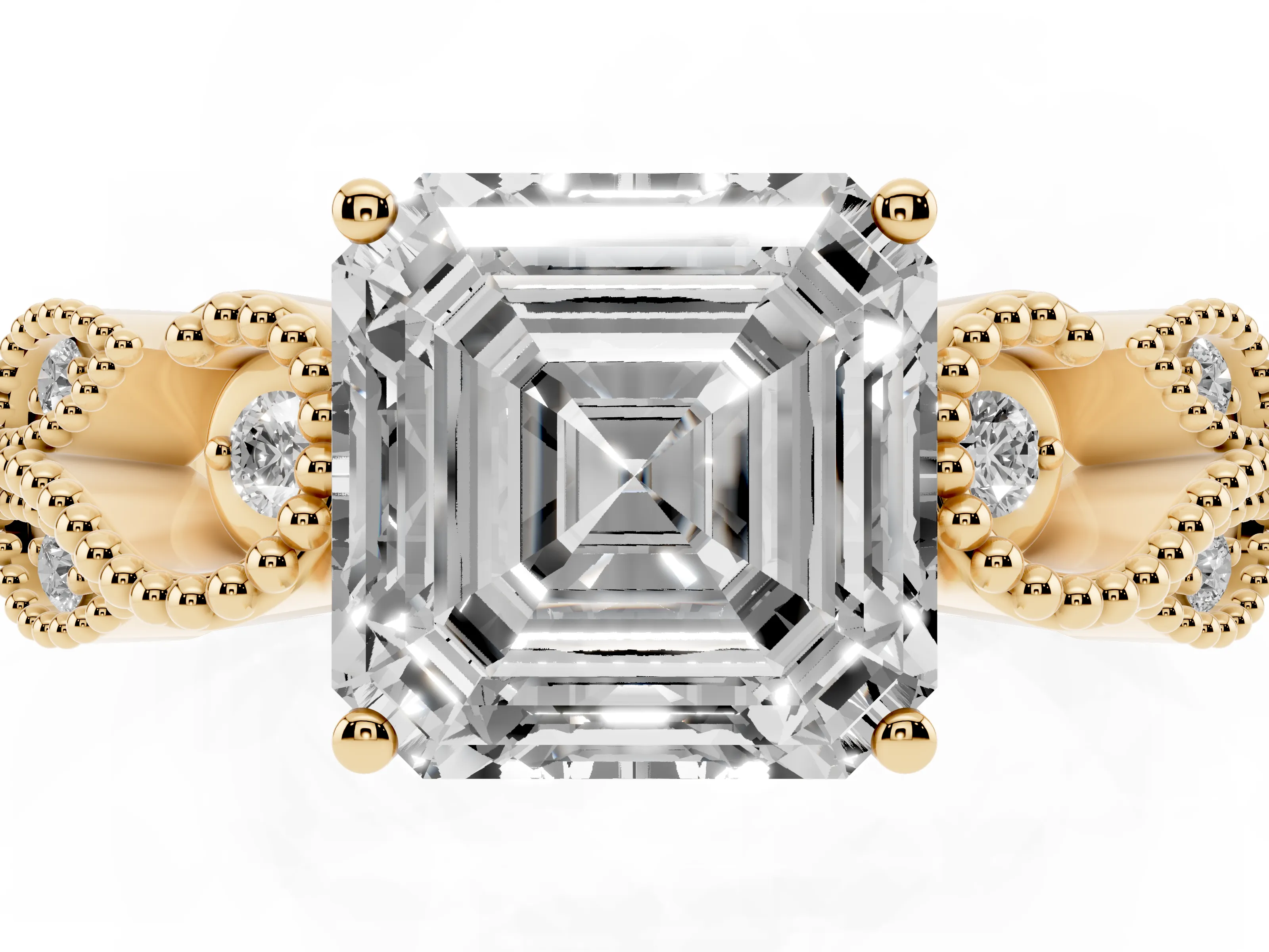 Asscher Cut Diamond Milgrain Leaf Band Solitaire Ring Set in Yellow gold with Accent Stones and Prong Setting