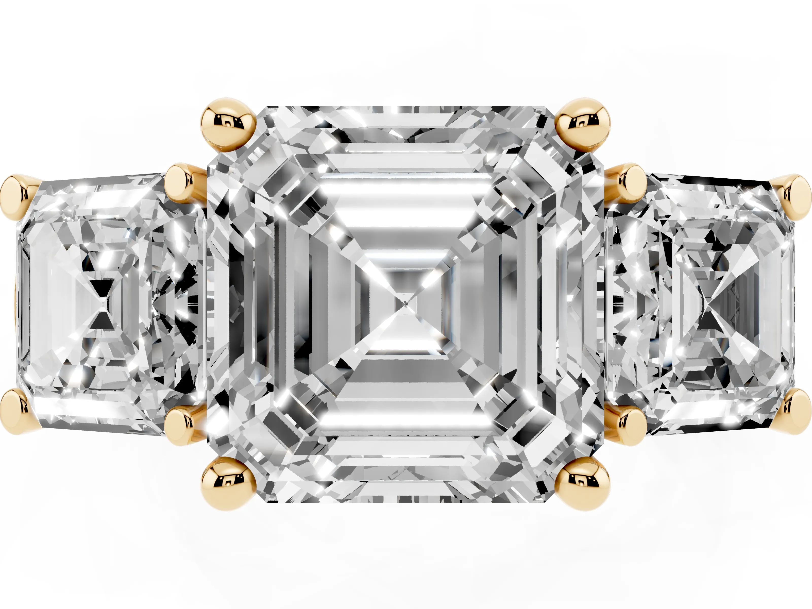 Asscher Cut Diamond Three-Stone Trellis Ring Set in Yellow gold with Comfort Fit Band