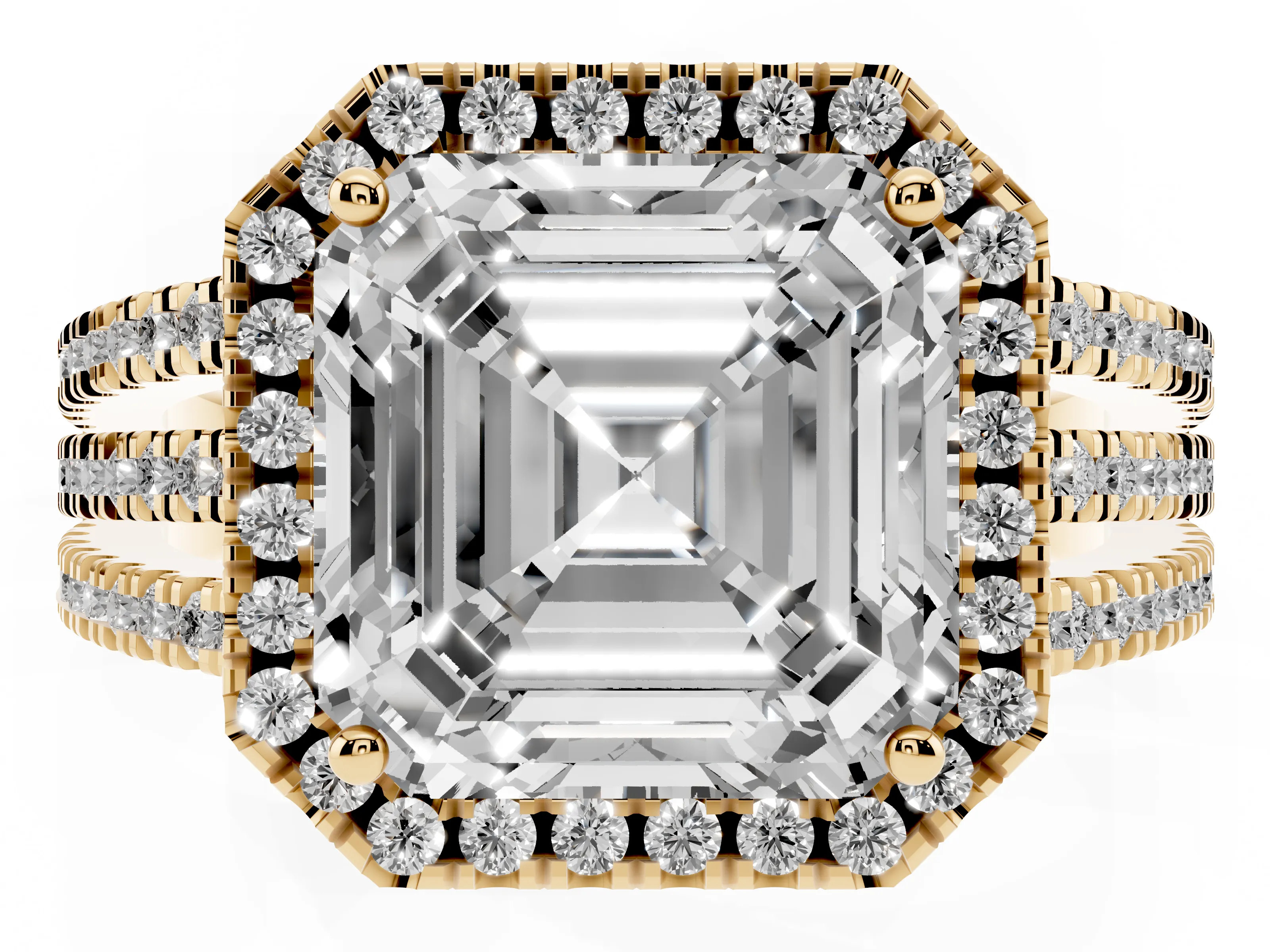 Asscher Cut Diamond Halo Split Shank Engagement Ring Set in Yellow gold with Prong Setting